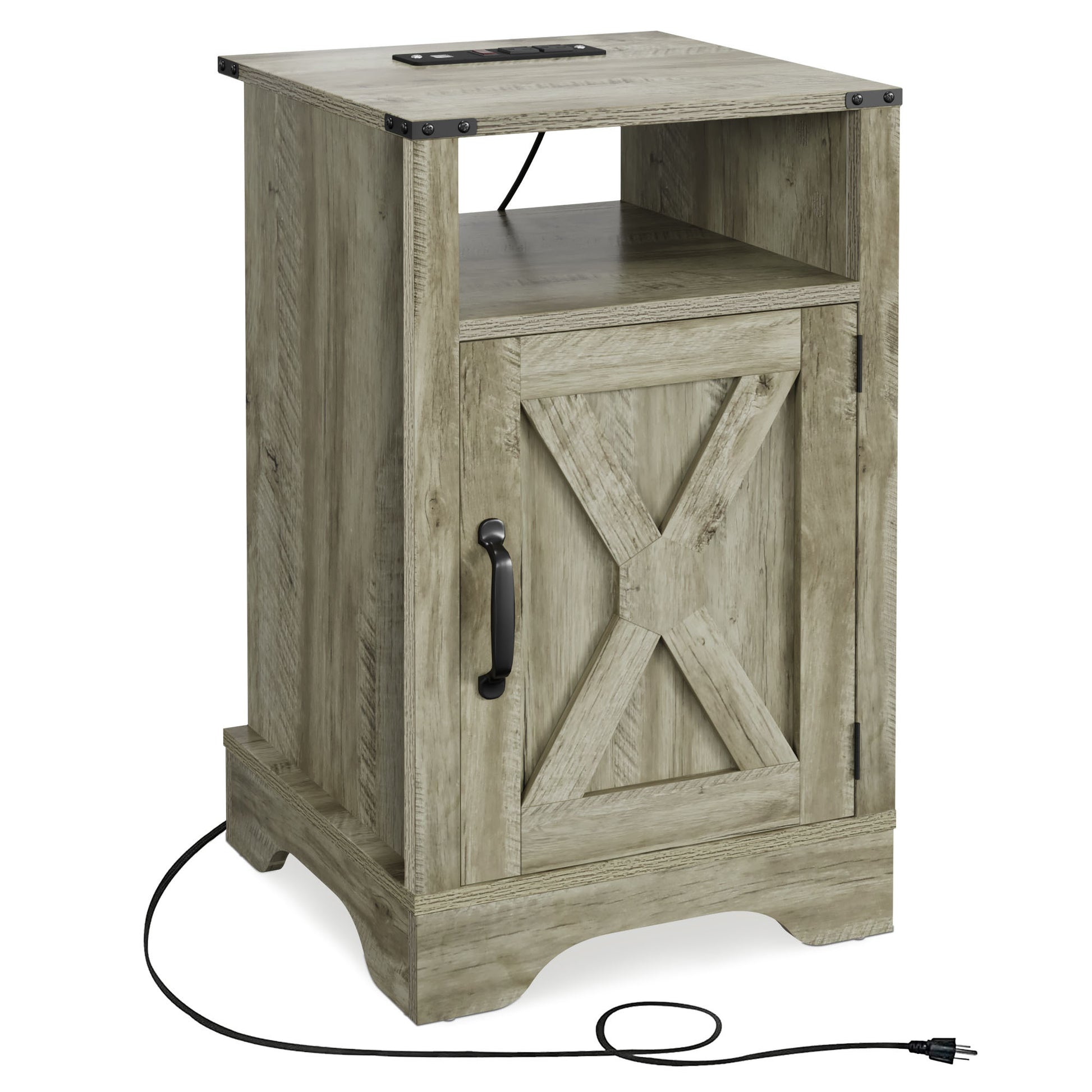 Farmhouse Nightstand Side Table, Wooden Rustic End Table, Tall Bedside Table With Electrical Outlets Charging Station Light Grey Light Grey Engineered Wood