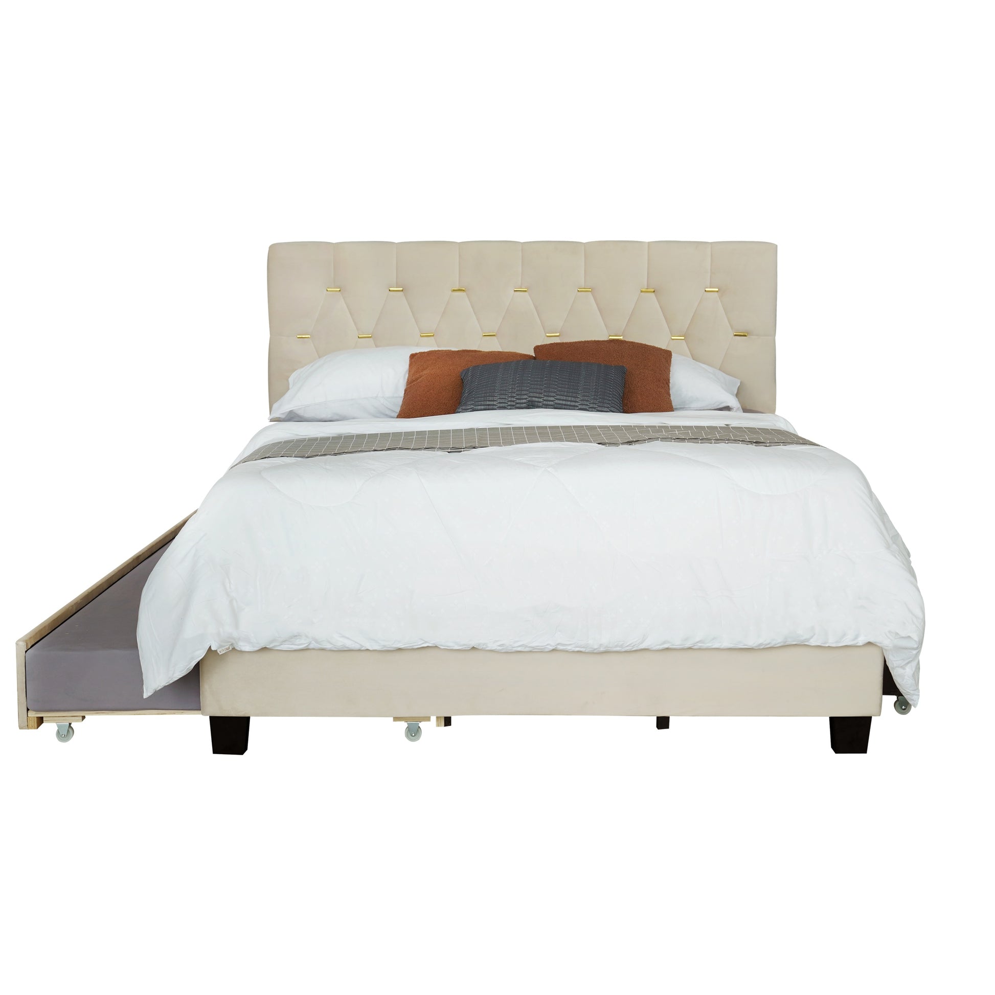 Beige Queen Size Trundle Pull Out Drawers Storage Upholstered Bed Modern Design No Box Spring Required Box Spring Not Required Queen Beige Wood Espresso Bedroom American Design,Casual,Cute,Modern Rubberwood Trundle Bed Included Fiber Foam And Polyester