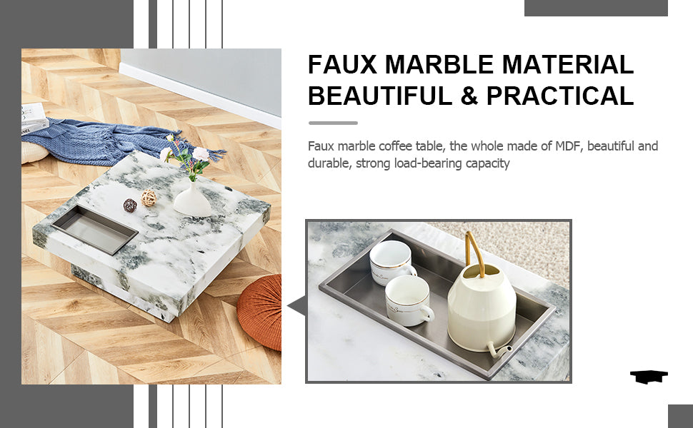 A Modern And Practical Coffee Table, Black And White In Imitation Marble Pattern, Made Of Mdf Material. The Fusion Of Elegance And Natural Fashion 31.4"* 31.4"* 12 " White Mdf