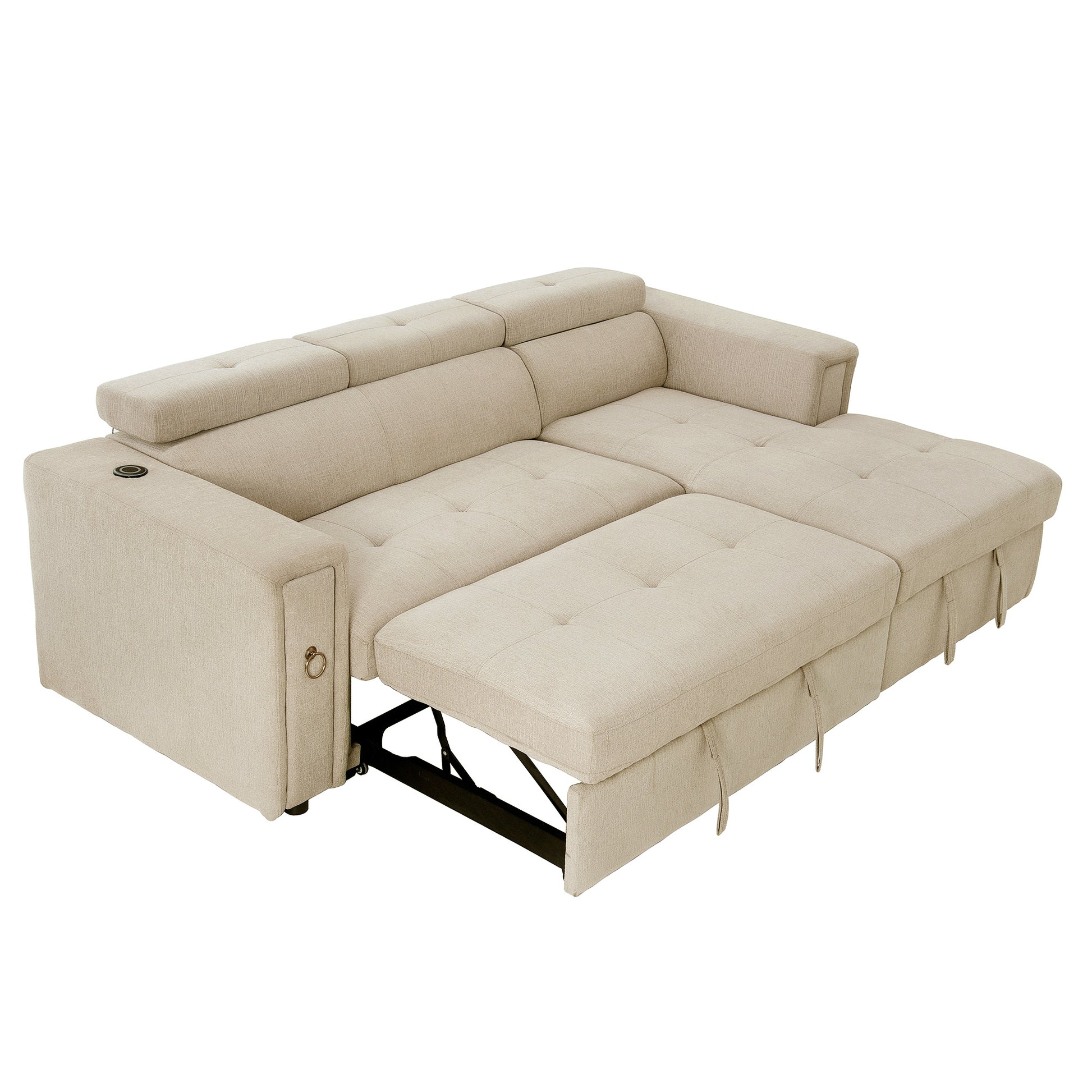 96" Multi Functional Pull Out Sofa Bed L Shape Sectional Sofa With Adjustable Headrest, Wireless Charging, Cup Holders And Hidden Storage For Living Room, Bedroom, Office, Beige Beige Foam Linen