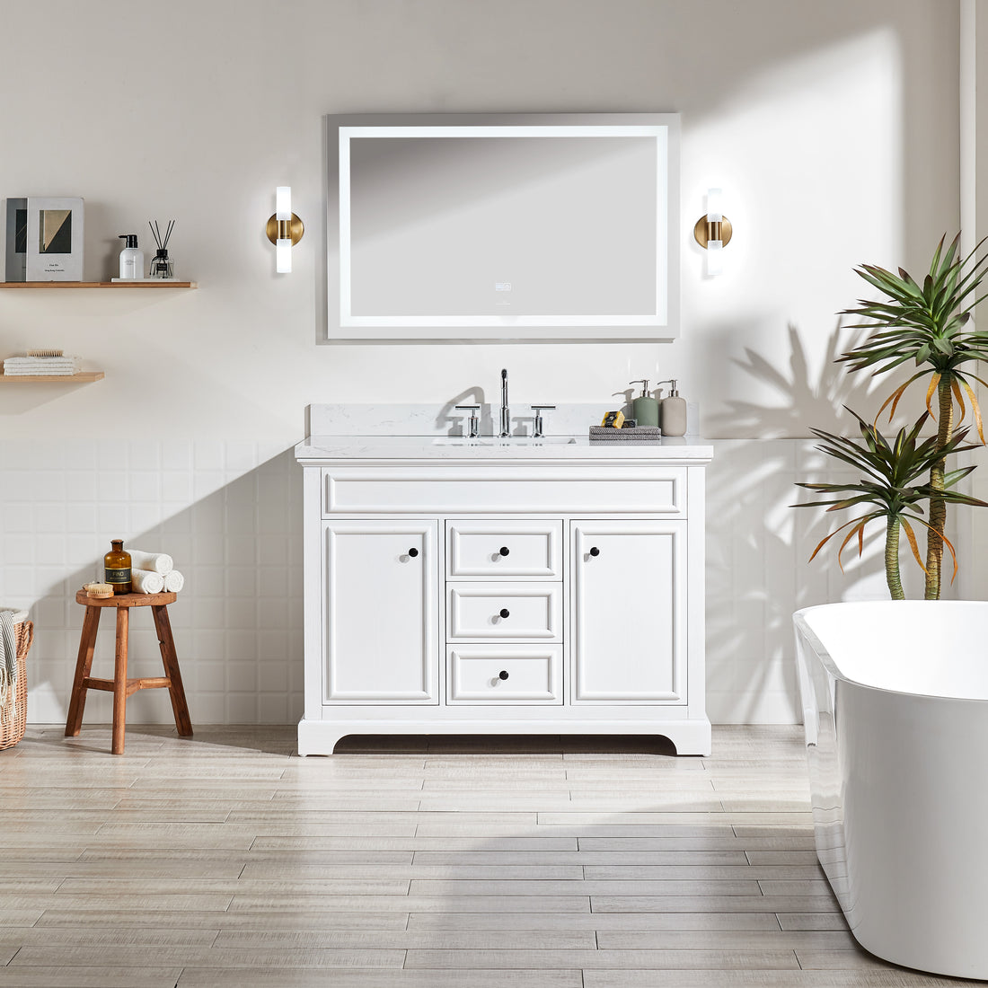 Full Assembled 48'' Freestanding Single Bathroom Vanity With Marble Top 3 White 2 Soft Close Doors Bathroom Freestanding Wood Painted