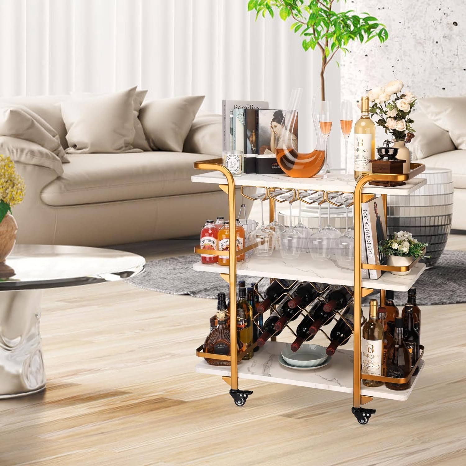 Gold Bar Cart With 3 Tiers For Stylish Storage, Home Bar Serving Cart With 4 Rows Of Glass Holders & 8 Wine Racks, Modern Marbled Solid Wood Cart On Lockable Wheels, Coffee Bar Cart For Kitchen Gold White Metal & Wood