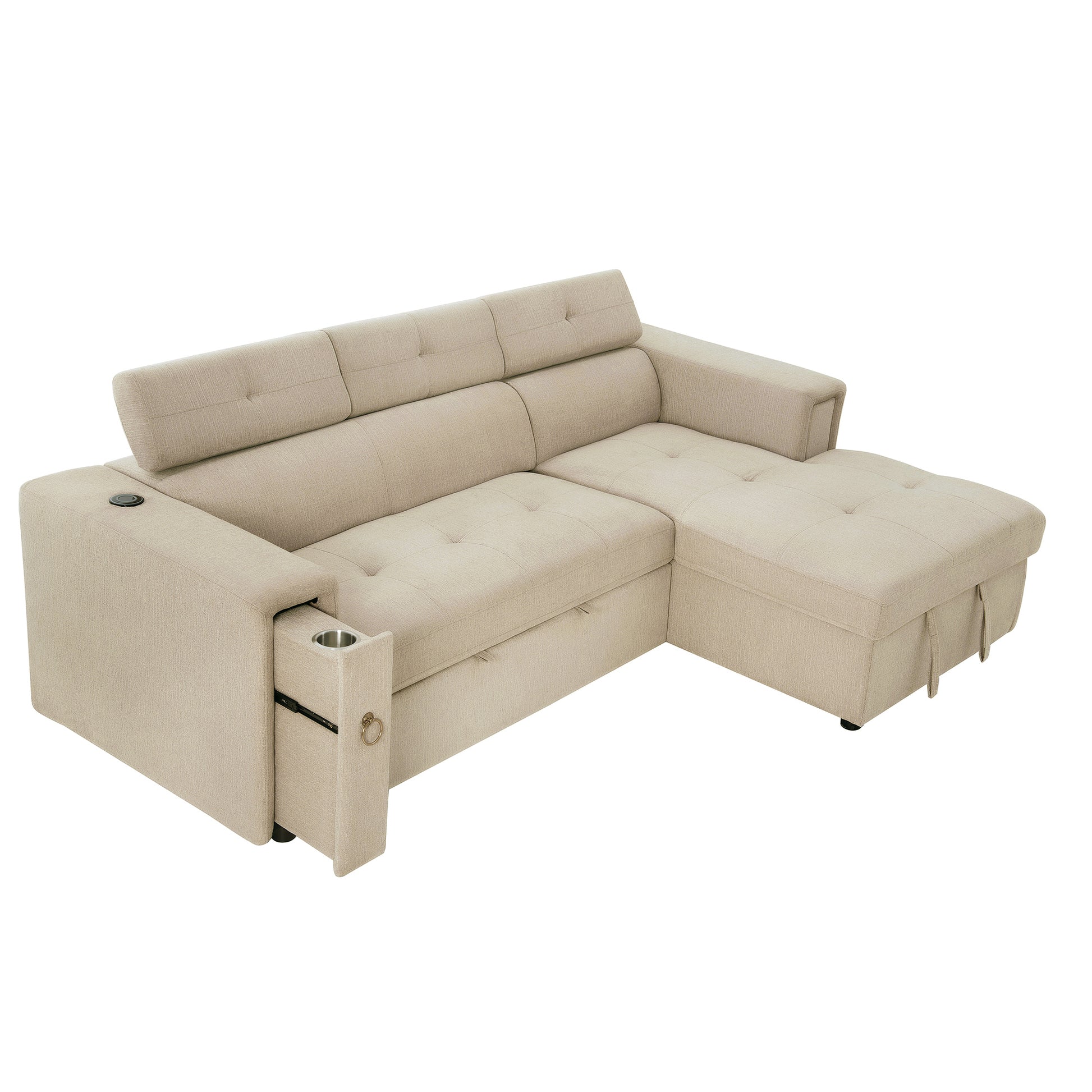 96" Multi Functional Pull Out Sofa Bed L Shape Sectional Sofa With Adjustable Headrest, Wireless Charging, Cup Holders And Hidden Storage For Living Room, Bedroom, Office, Beige Beige Foam Linen