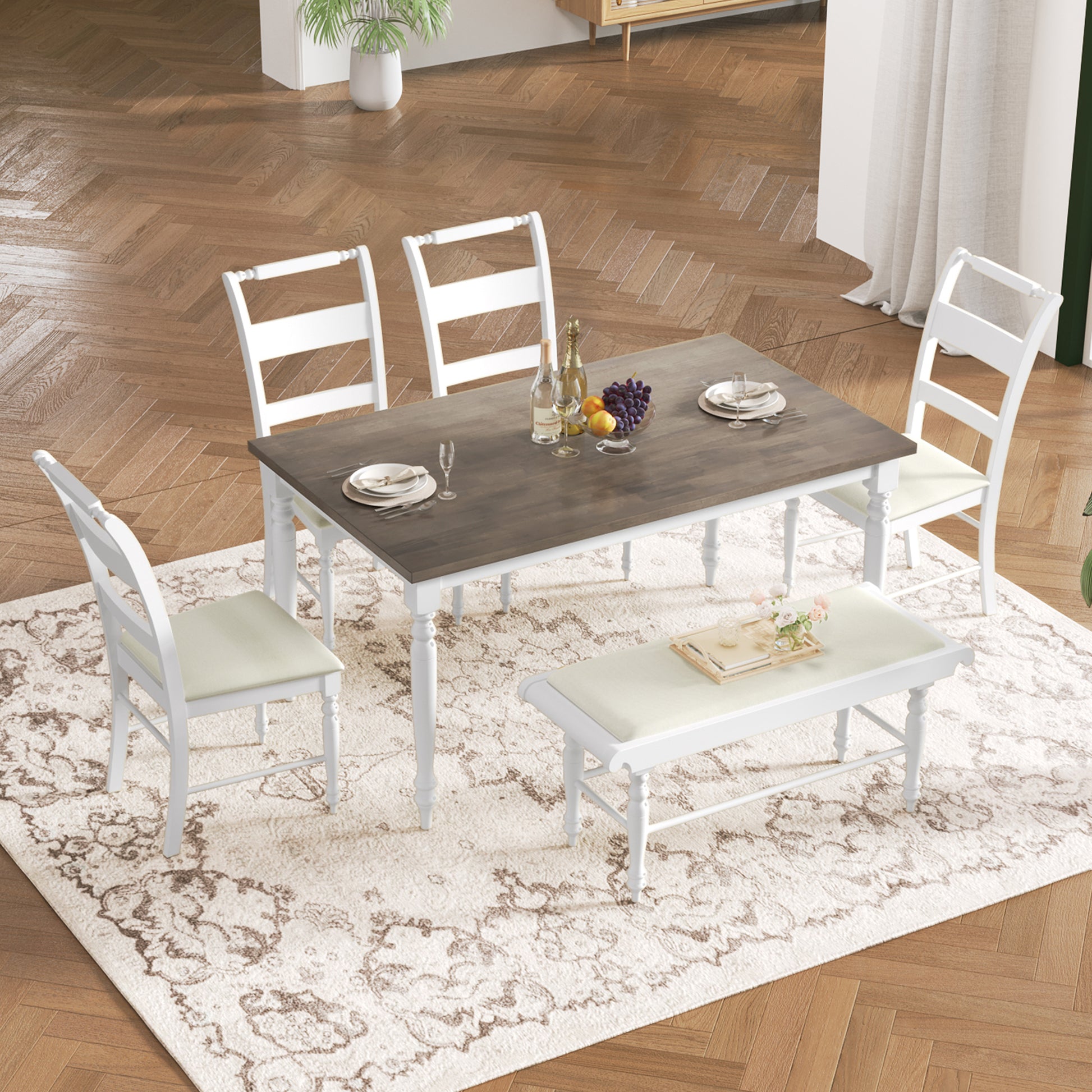 6 Peice Dining Set With Turned Legs, Kitchen Table Set With Upholstered Dining Chairs And Bench,Retro Style, White White Wood Dining Room Bench Seating Rubberwood Rectangular Dining Table With Chair And Bench Upholstered Chair Wood Brown White Ladder