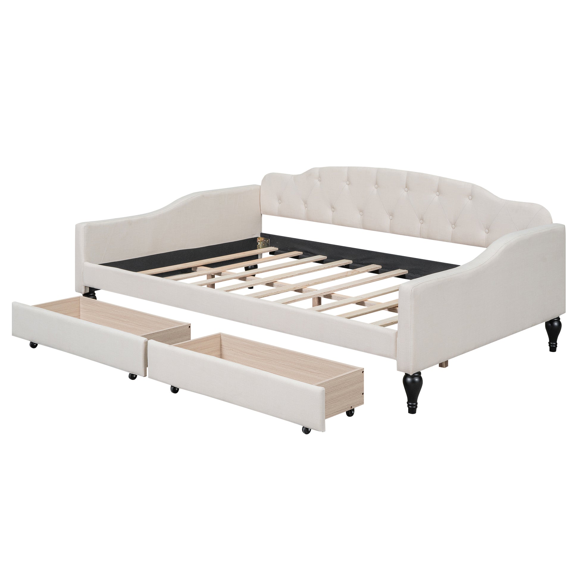 Full Size Upholstered Tufted Daybed With Two Drawers, Beige Box Spring Not Required Beige Wood Daybeds Linen Upholstered