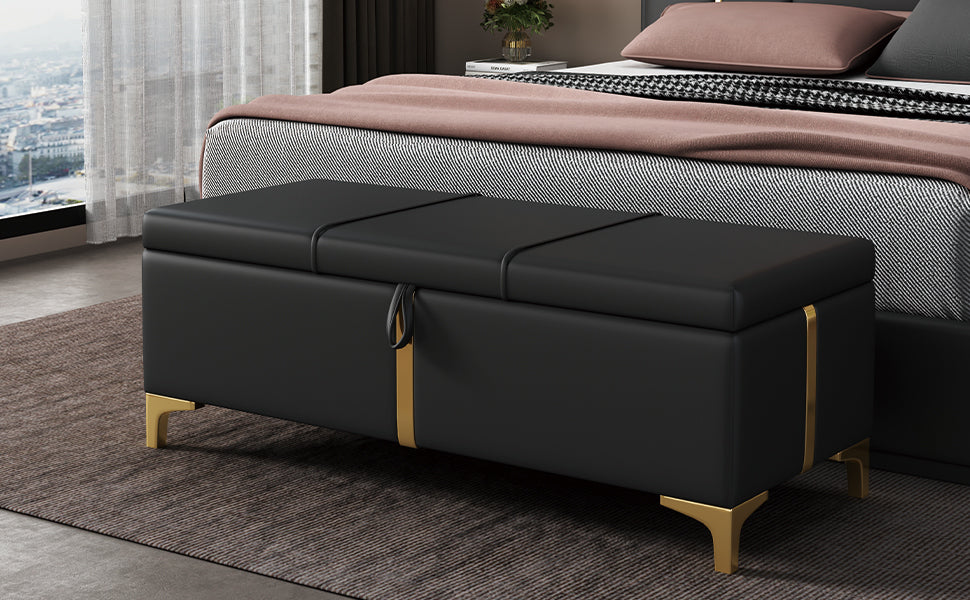 Elegant Upholstered Storage Ottoman,Storage Bench With Metal Legs For Bedroom,Living Room,Fully Assembled Except Legs,Black Black Pu