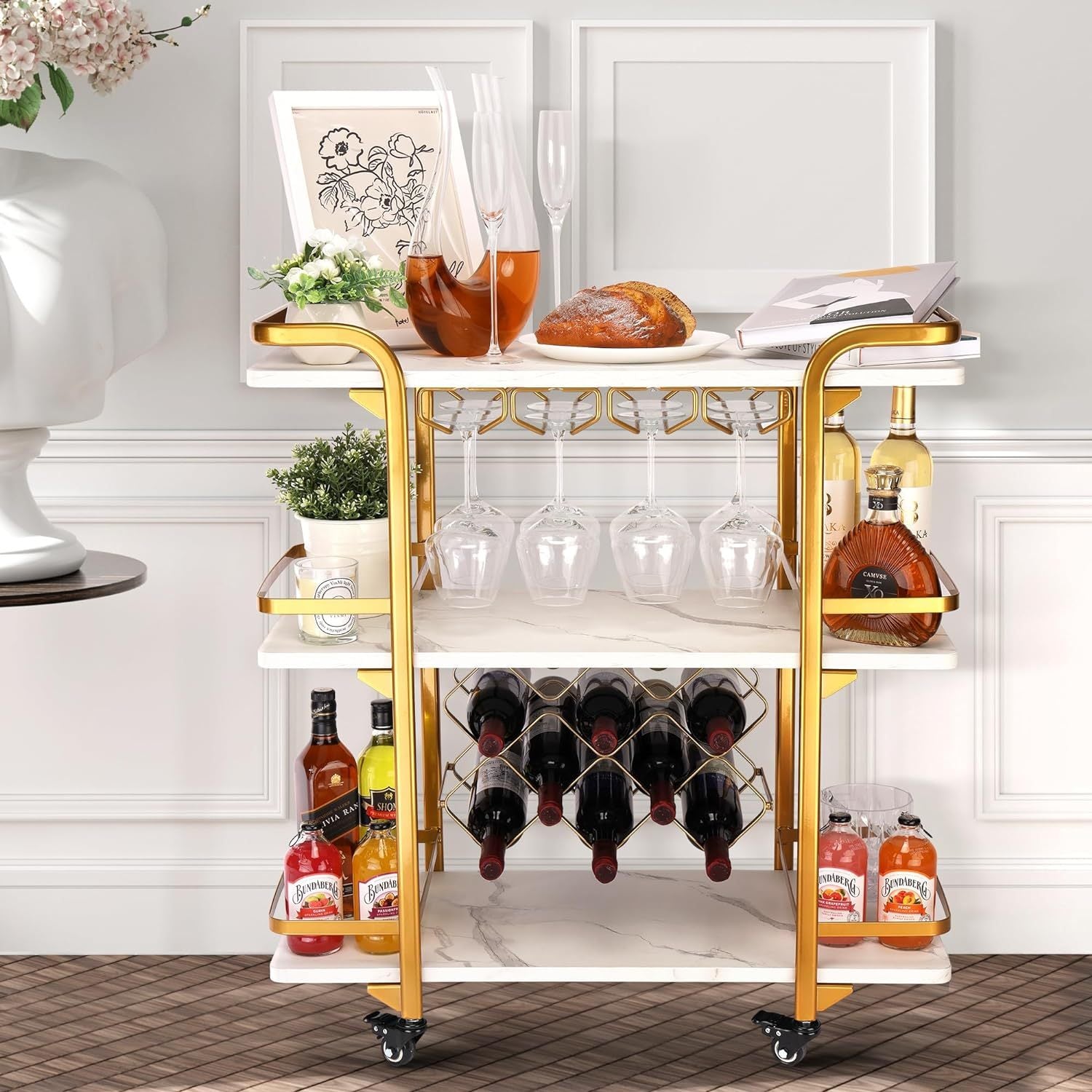 Gold Bar Cart With 3 Tiers For Stylish Storage, Home Bar Serving Cart With 4 Rows Of Glass Holders & 8 Wine Racks, Modern Marbled Solid Wood Cart On Lockable Wheels, Coffee Bar Cart For Kitchen Gold White Metal & Wood