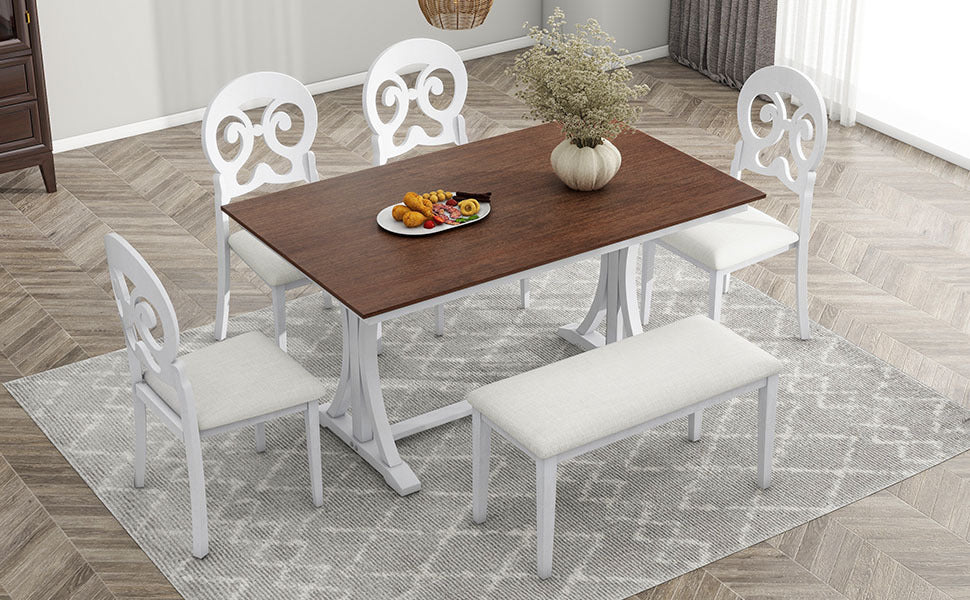 Mid Century 6 Piece Trestle Table Set With Victorian Round Upholstered Dining Chairs And Long Bench, Cherry Antique White Wood Dining Room Bench Seating Rubberwood Rectangular Dining Table With Chair And Bench Upholstered Chair Wood Antique White Seats 6