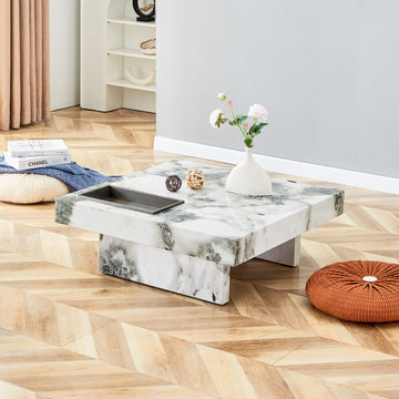 A Modern And Practical Coffee Table, Black And White In Imitation Marble Pattern, Made Of Mdf Material. The Fusion Of Elegance And Natural Fashion 31.4"* 31.4"* 12 " White Mdf