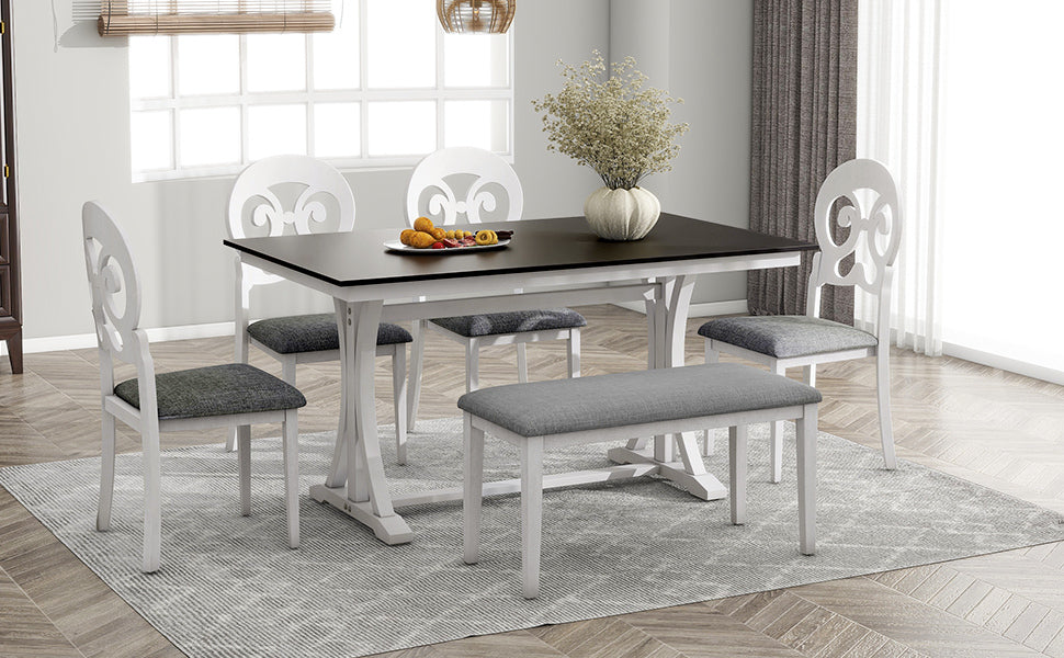 Mid Century 6 Piece Trestle Table Set With Victorian Round Upholstered Dining Chairs And Long Bench, Gray Antique White Wood Dining Room Bench Seating Rubberwood Rectangular Dining Table With Chair And Bench Upholstered Chair Wood Antique White Seats 6