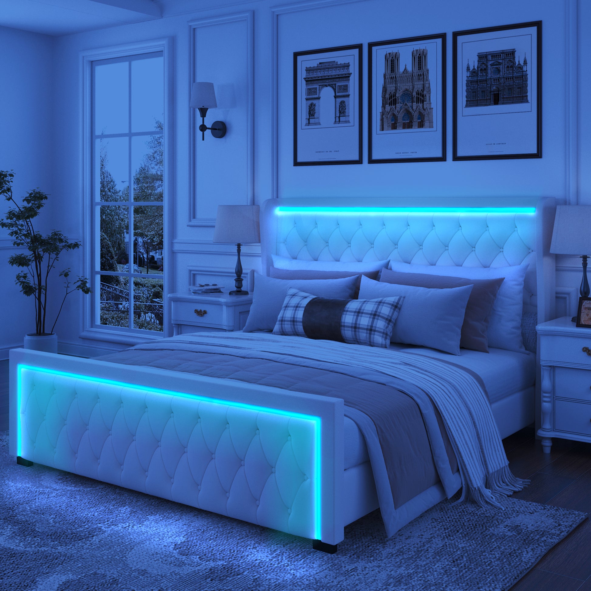 Queen Platform Bed Frame With High Headboard, Velvet Upholstered Bed With Deep Tufted Buttons, Adjustable Colorful Led Light Decorative Headboard, Wide Wingbacks,Grey Queen Grey Velvet