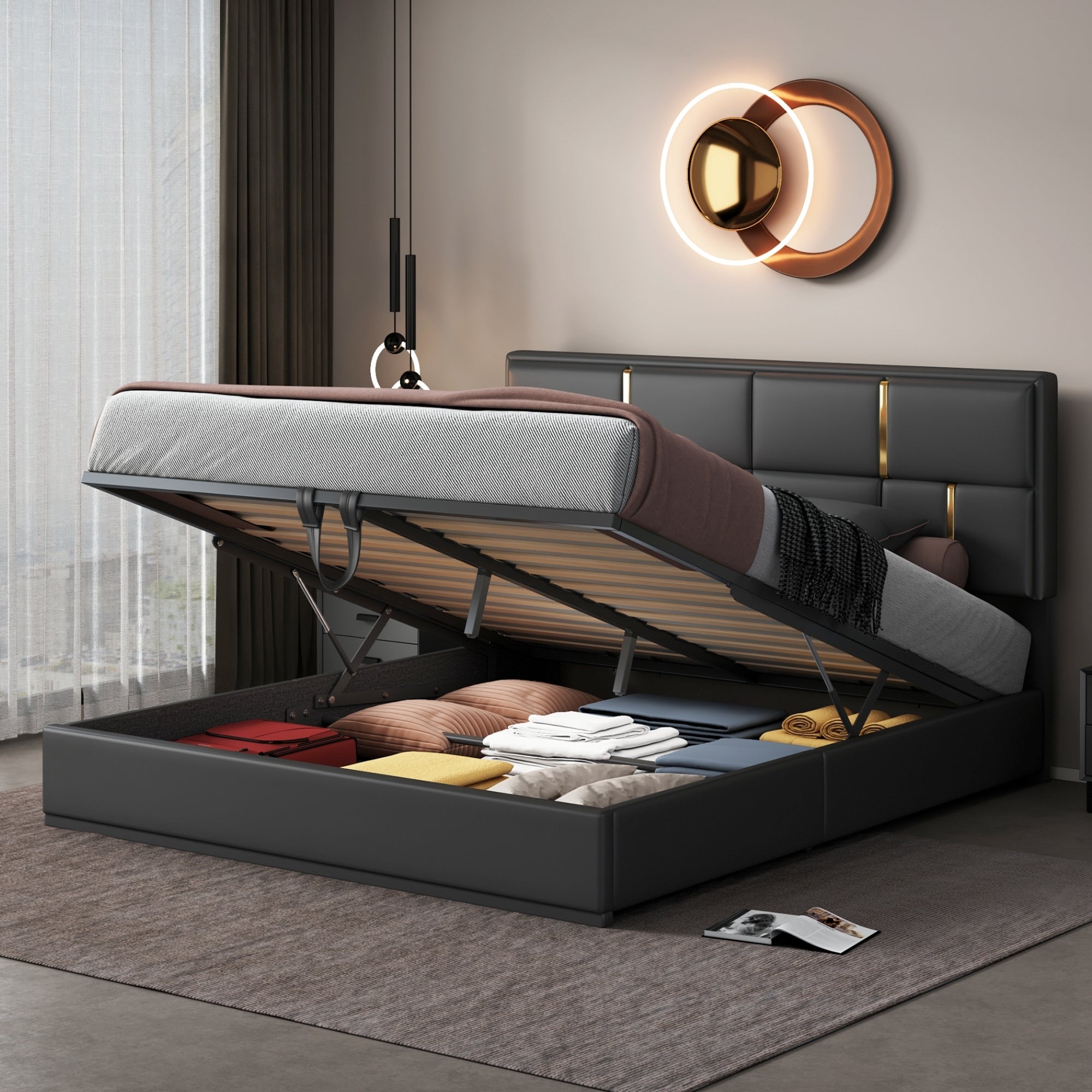 Queen Size Upholstered Platform Bed With Hydraulic Storage System,No Box Spring Needed,Black Black Pu