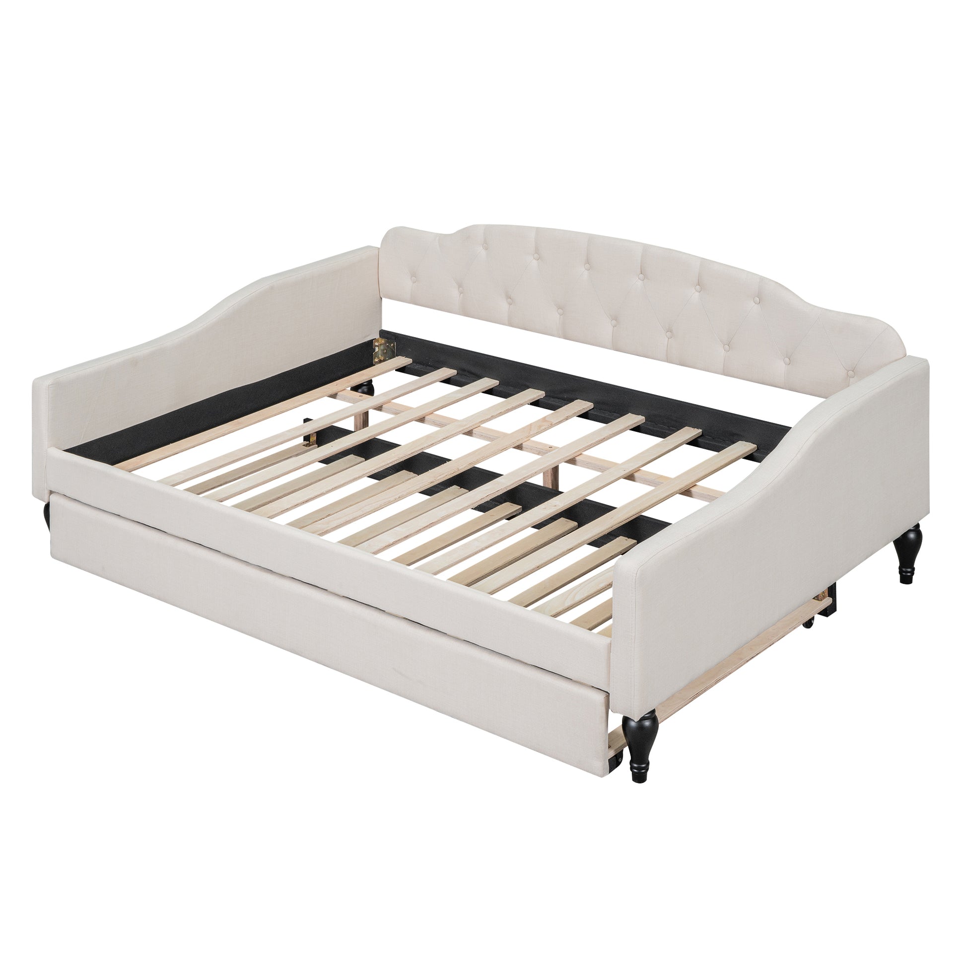 Full Size Upholstered Tufted Daybed With Twin Size Trundle, Beige Box Spring Not Required Full Beige Wood Daybeds Linen Upholstered