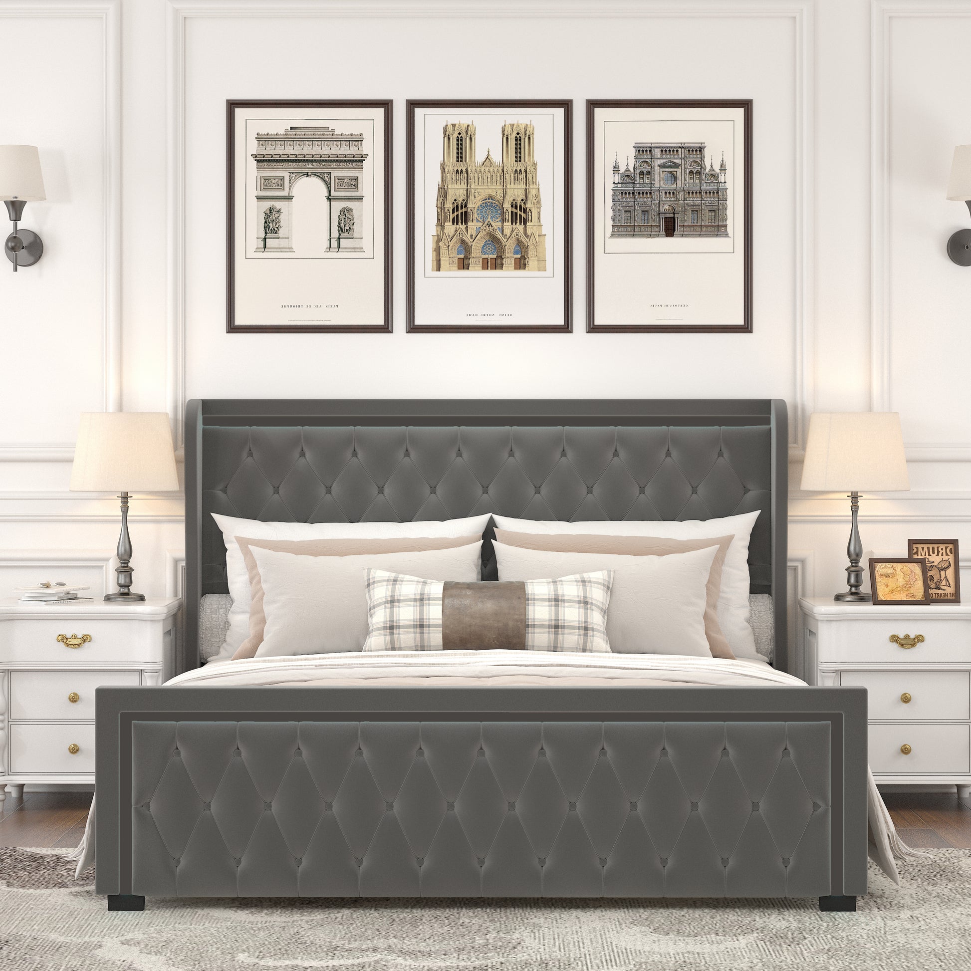 King Platform Bed Frame With High Headboard, Velvet Upholstered Bed With Deep Tufted Buttons, Adjustable Colorful Led Light Decorative Headboard, Wide Wingbacks, Grey King Grey Velvet