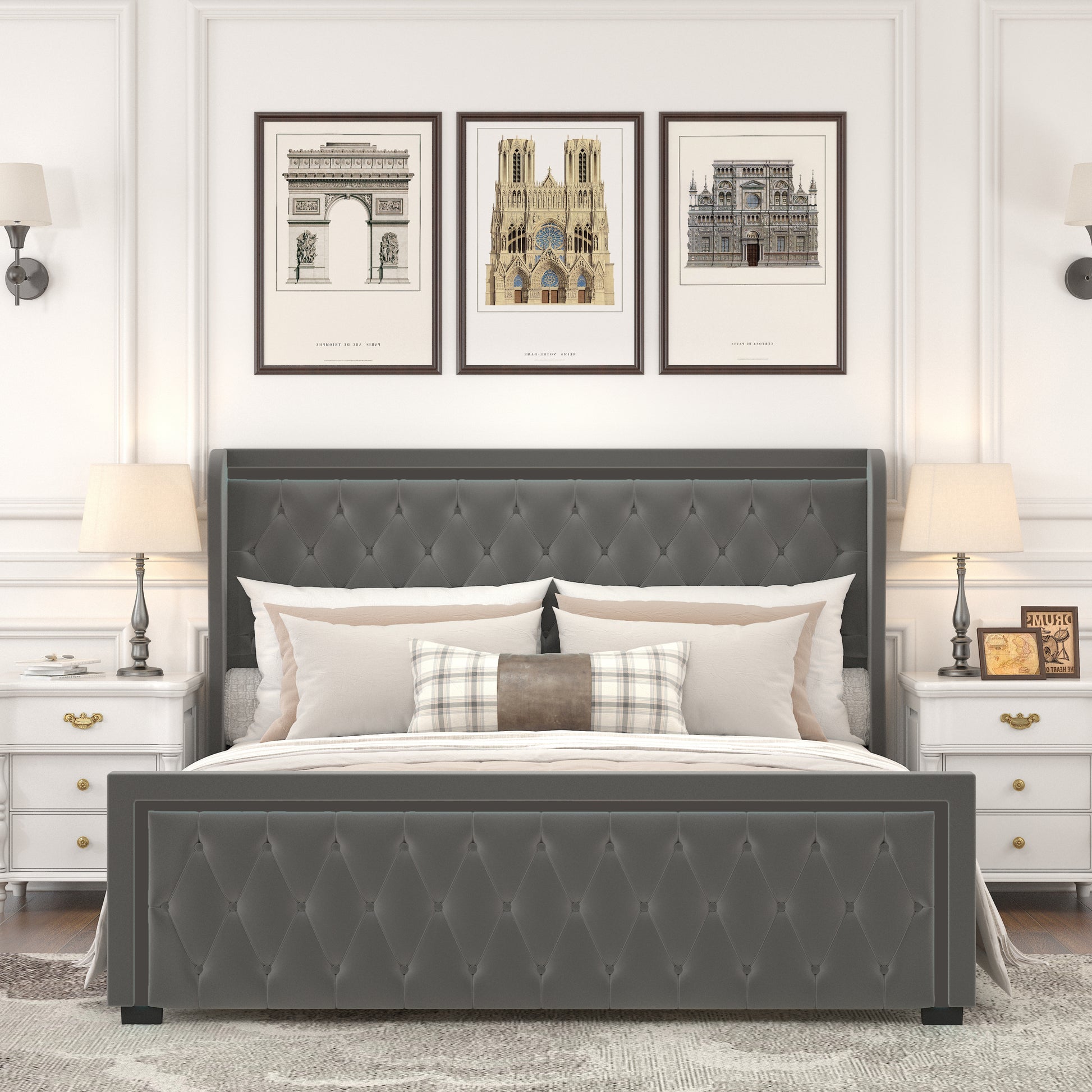 Queen Platform Bed Frame With High Headboard, Velvet Upholstered Bed With Deep Tufted Buttons, Adjustable Colorful Led Light Decorative Headboard, Wide Wingbacks,Grey Queen Grey Velvet
