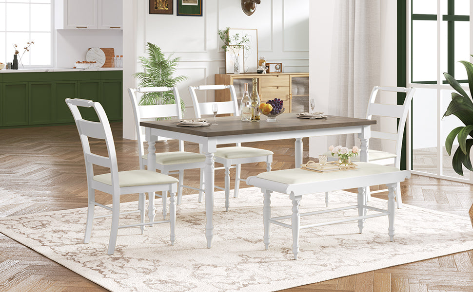 6 Peice Dining Set With Turned Legs, Kitchen Table Set With Upholstered Dining Chairs And Bench,Retro Style, White White Wood Dining Room Bench Seating Rubberwood Rectangular Dining Table With Chair And Bench Upholstered Chair Wood Brown White Ladder