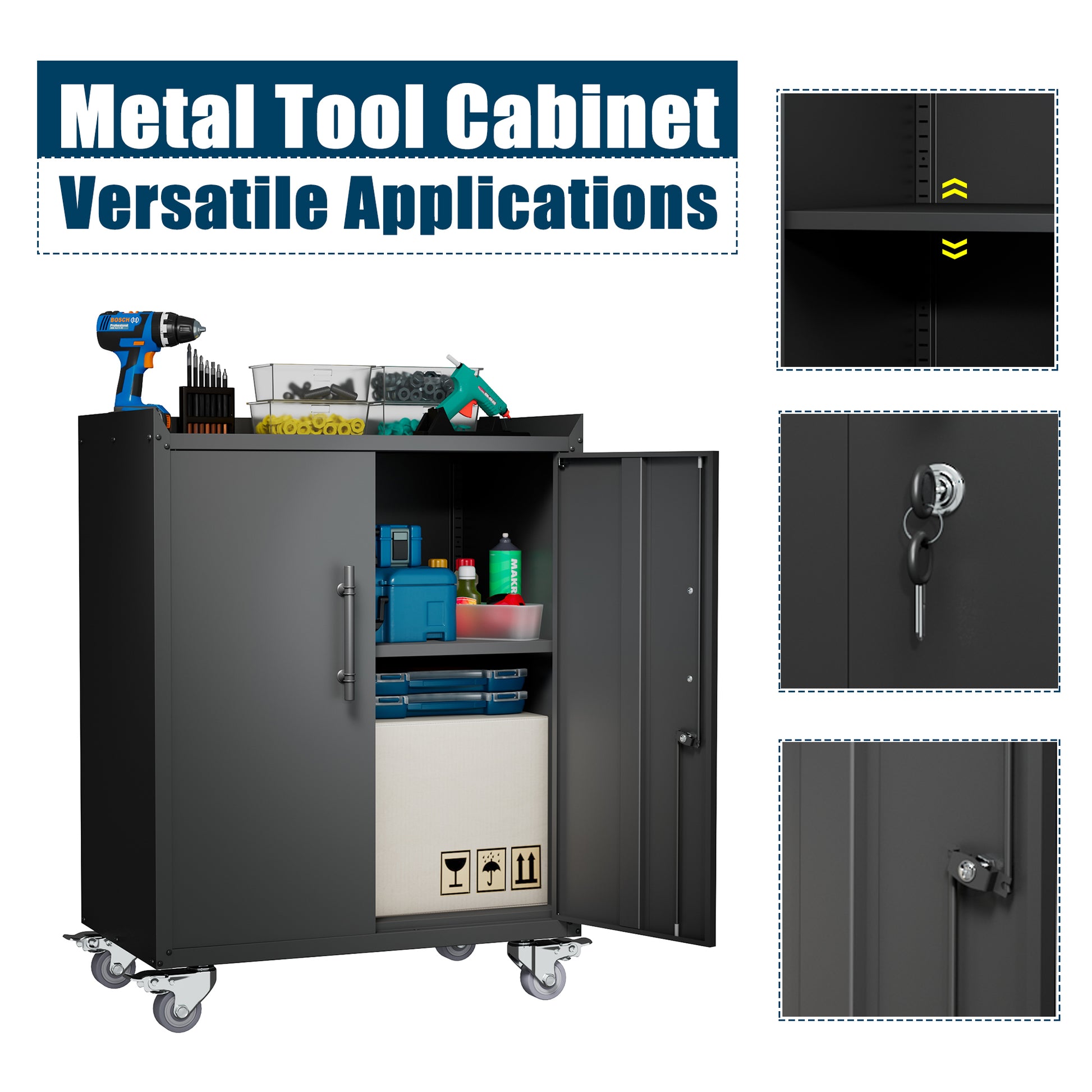 2 Door Tool Cabinets For Garage, Lockable Garage Storage Cabinet, Locking Metal Storage Cabinet With Wheels, Rolling Tool Chest, Assembly Required H34*W30.3*D18 Square 1 2 Shelves Powder Coated Black Office Adjustable Shelves American Traditional Steel