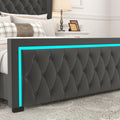 Queen Platform Bed Frame With High Headboard, Velvet Upholstered Bed With Deep Tufted Buttons, Adjustable Colorful Led Light Decorative Headboard, Wide Wingbacks,Black Queen Black Velvet