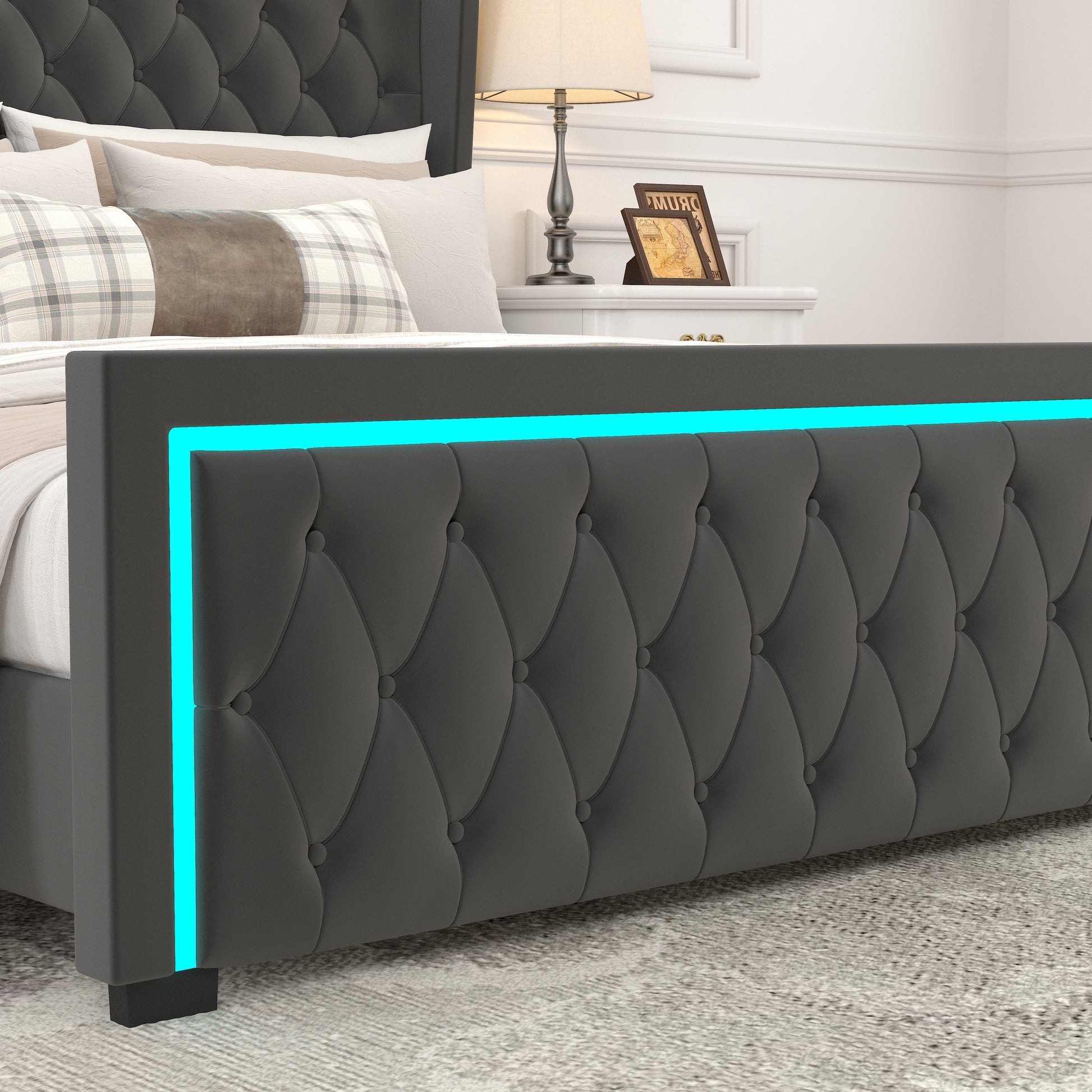 Queen Platform Bed Frame With High Headboard, Velvet Upholstered Bed With Deep Tufted Buttons, Adjustable Colorful Led Light Decorative Headboard, Wide Wingbacks,Black Queen Black Velvet