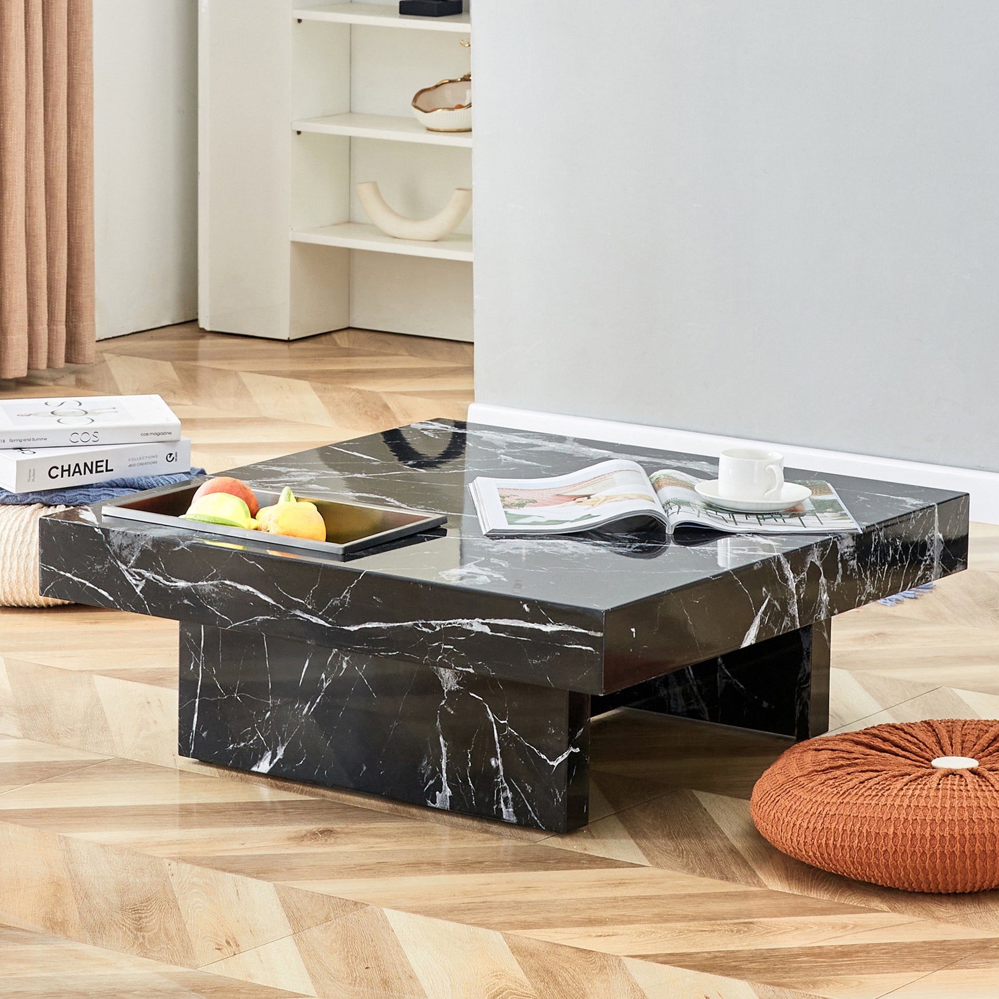 A Modern And Practical Coffee Table Made Of Mdf Material With Black Patterns. The Fusion Of Elegance And Natural Fashion 31.4"*31.4"*12" Black Mdf