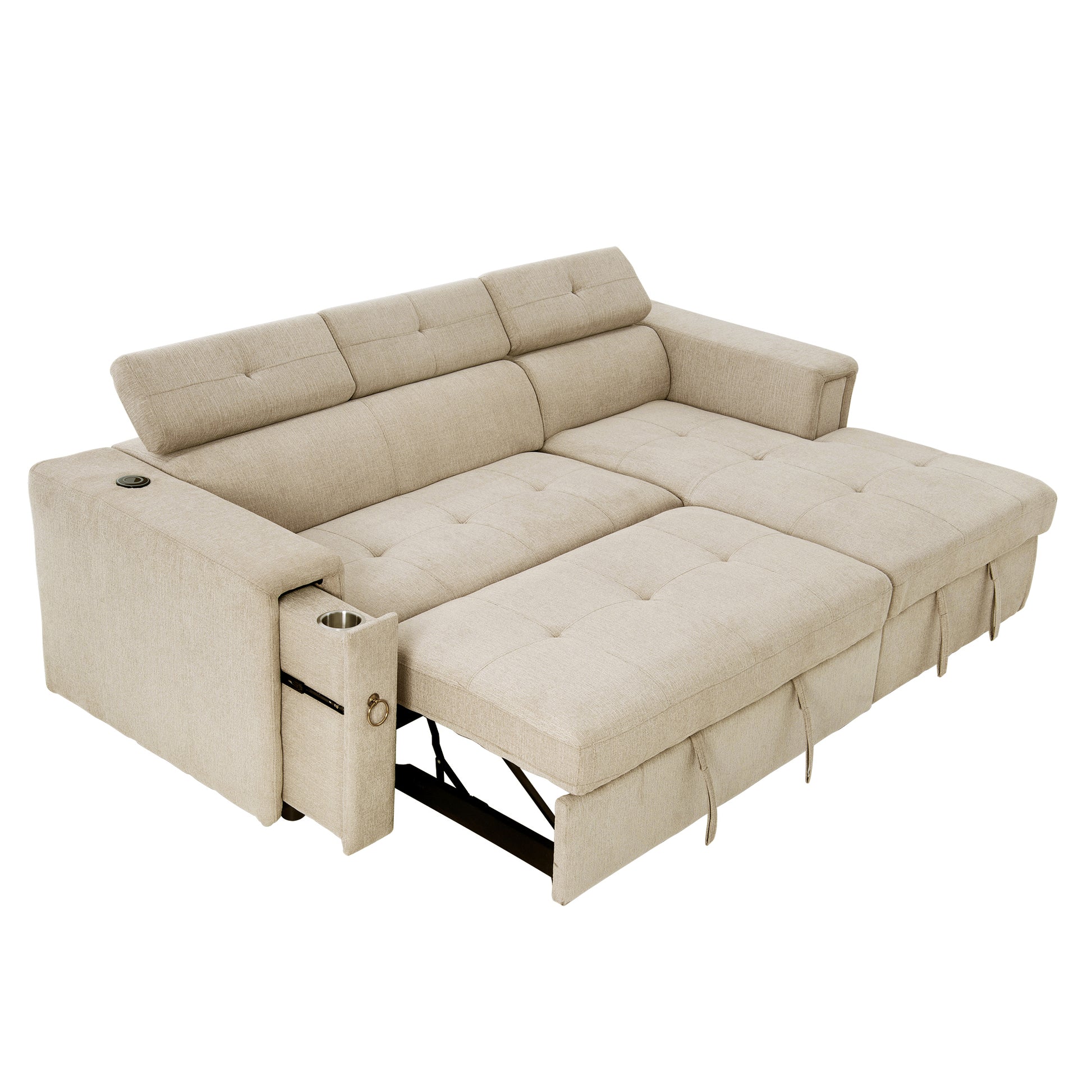 96" Multi Functional Pull Out Sofa Bed L Shape Sectional Sofa With Adjustable Headrest, Wireless Charging, Cup Holders And Hidden Storage For Living Room, Bedroom, Office, Beige Beige Foam Linen