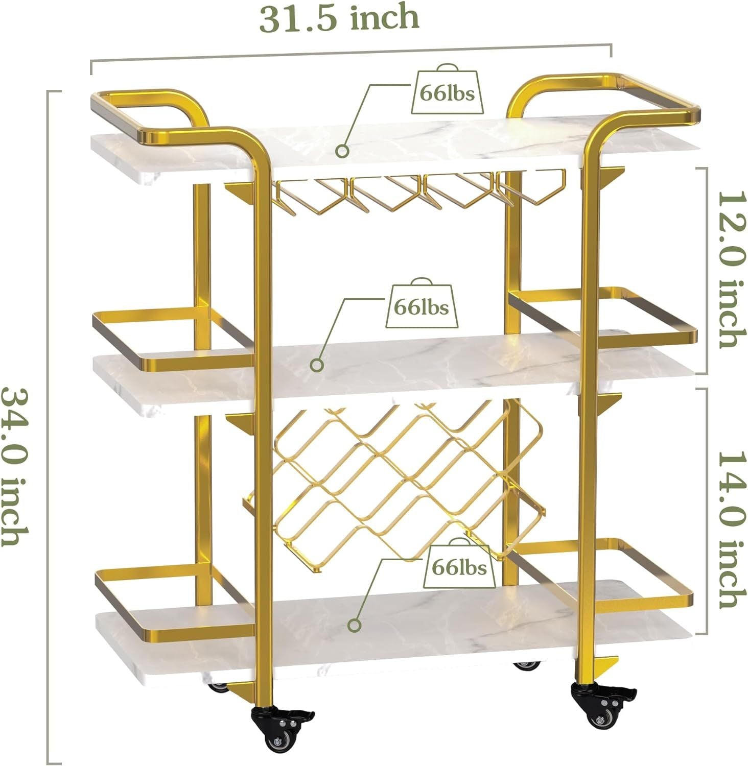 Gold Bar Cart With 3 Tiers For Stylish Storage, Home Bar Serving Cart With 4 Rows Of Glass Holders & 8 Wine Racks, Modern Marbled Solid Wood Cart On Lockable Wheels, Coffee Bar Cart For Kitchen Gold White Metal & Wood