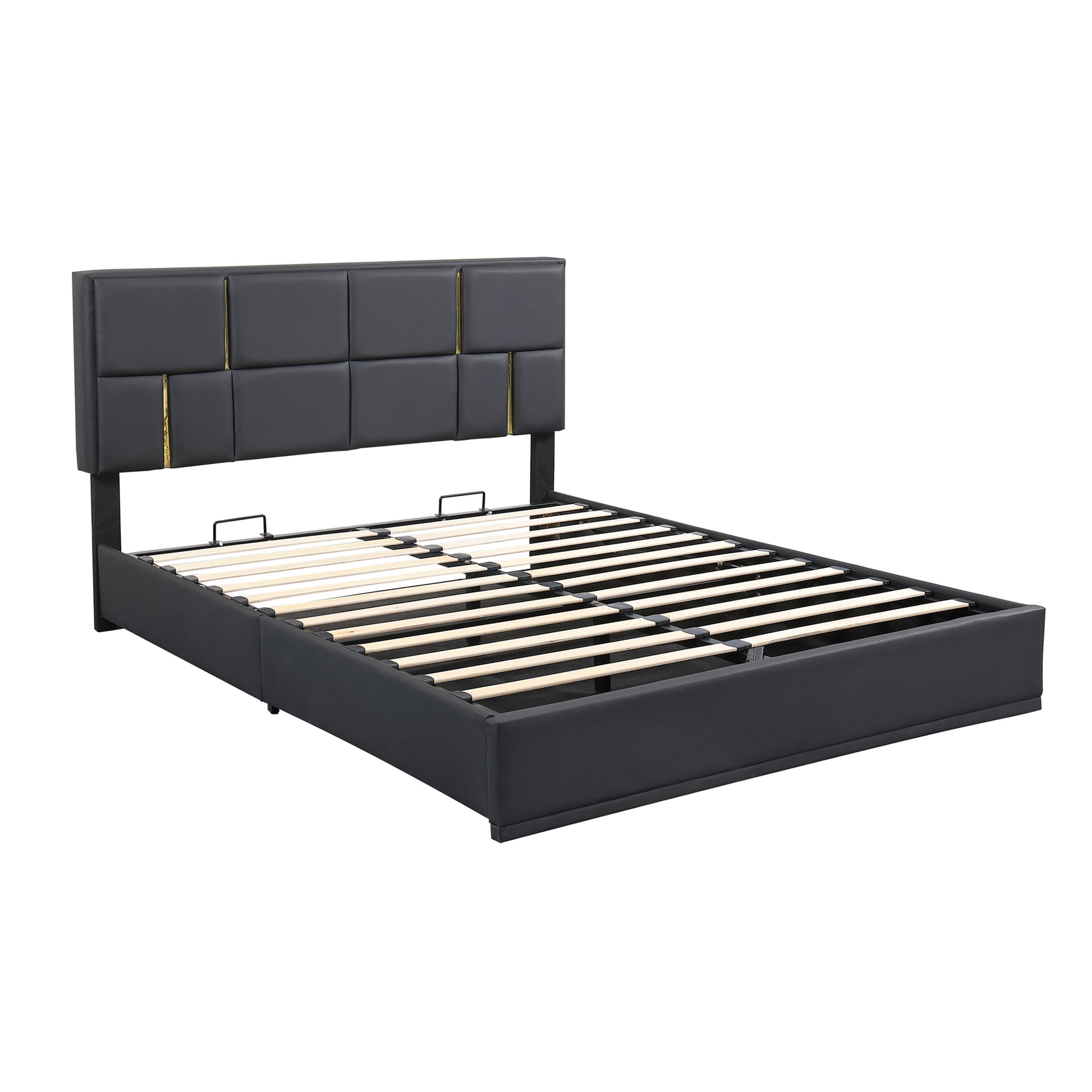 Queen Size Upholstered Platform Bed With Hydraulic Storage System,No Box Spring Needed,Black Black Pu