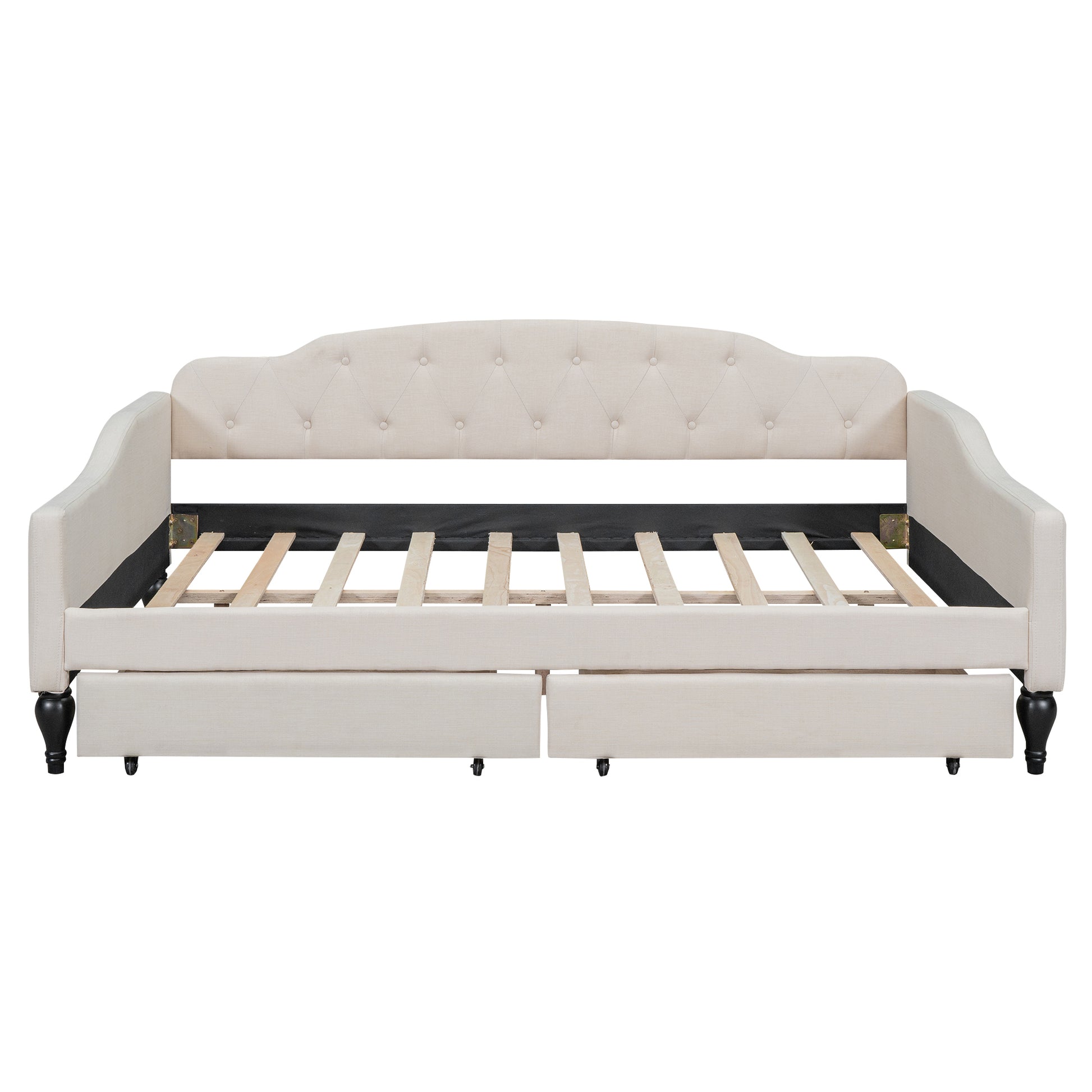 Full Size Upholstered Tufted Daybed With Two Drawers, Beige Box Spring Not Required Beige Wood Daybeds Linen Upholstered