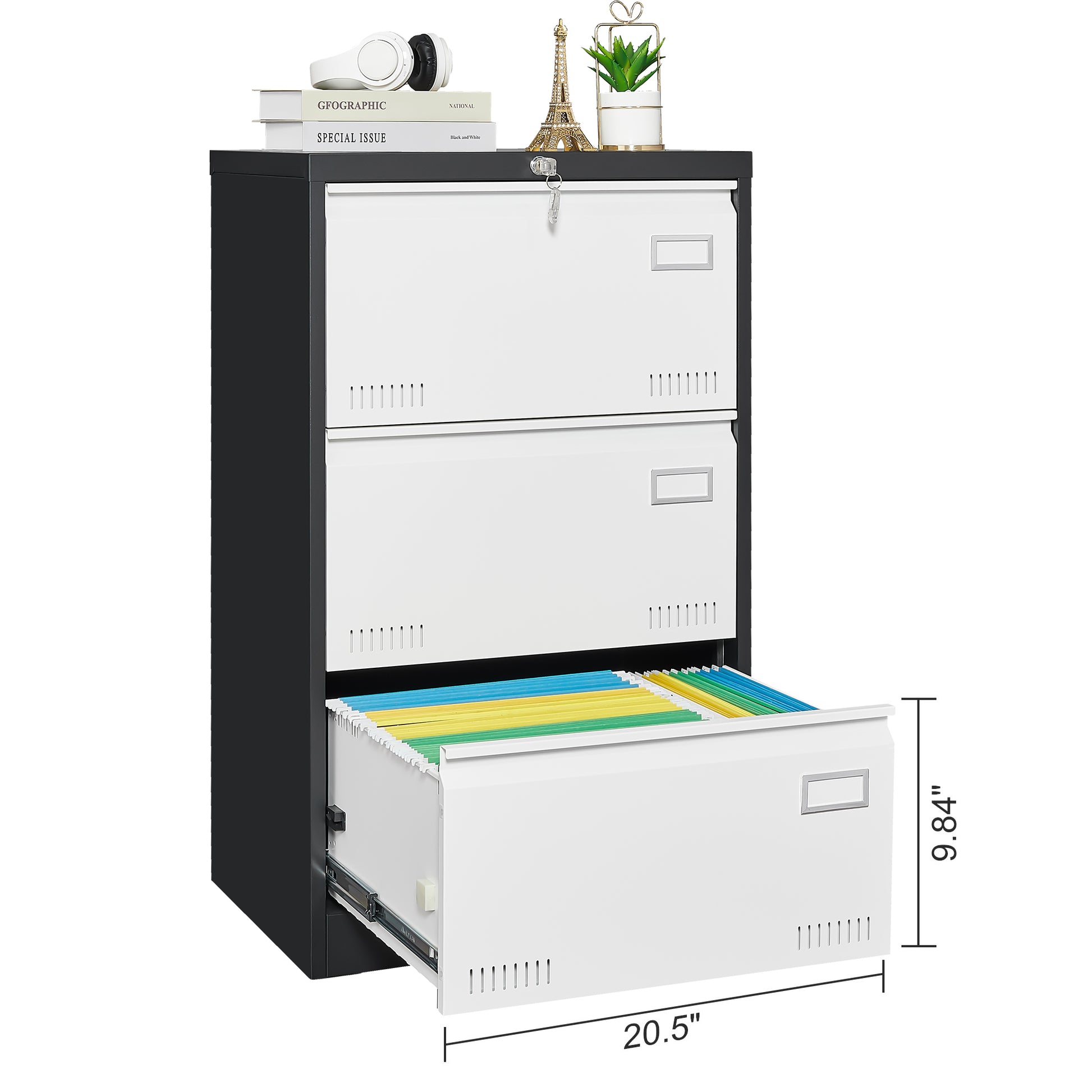 3 Drawer Metal Lateral File Cabinet With Lock,Office Vertical Files Cabinet For Home Office Legal Letter A4,Locking Metal File Cabinet,Assembly Required Filing Cabinets 3 4 Drawers Black White Office Drawers Included Metal