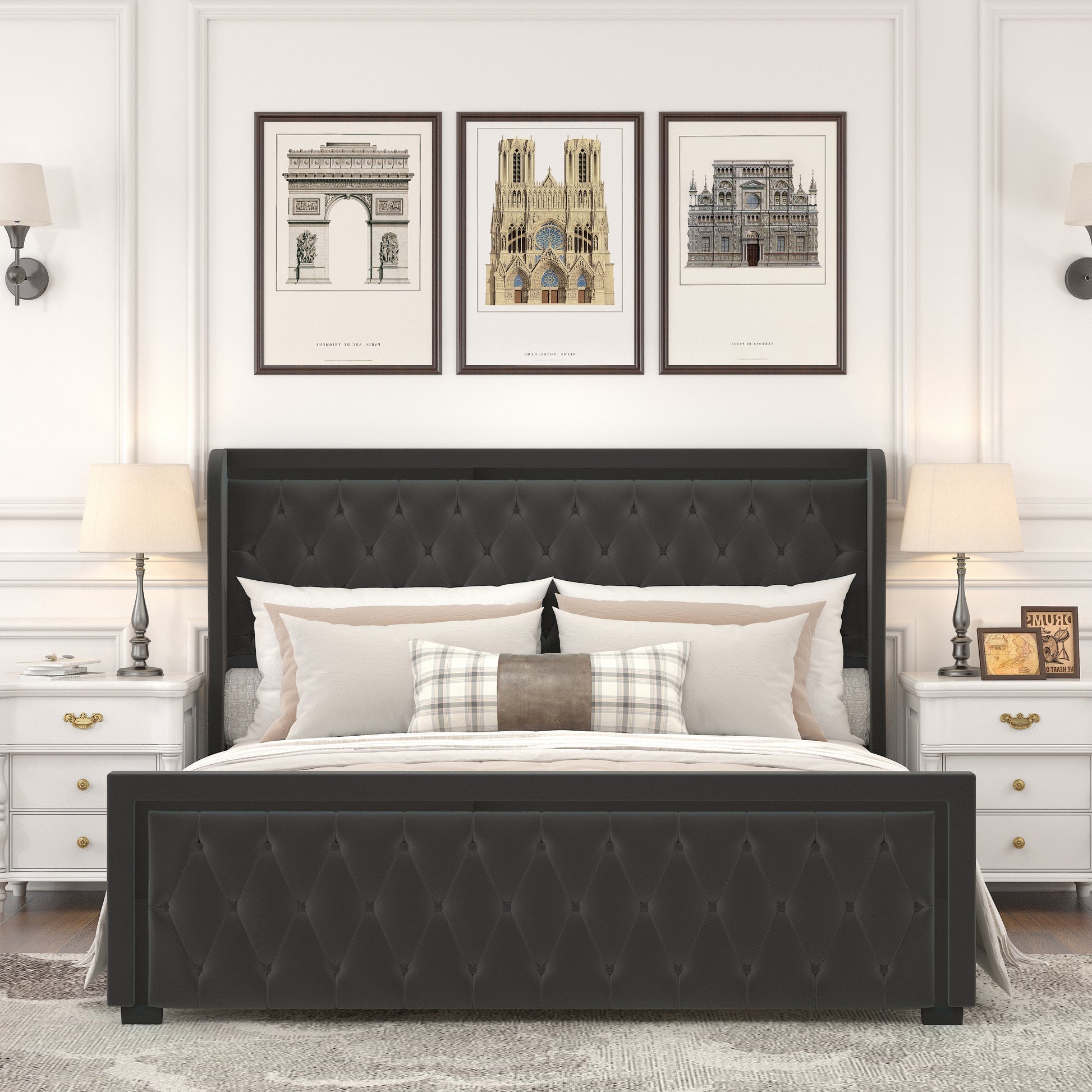 Queen Platform Bed Frame With High Headboard, Velvet Upholstered Bed With Deep Tufted Buttons, Adjustable Colorful Led Light Decorative Headboard, Wide Wingbacks,Black Queen Black Velvet
