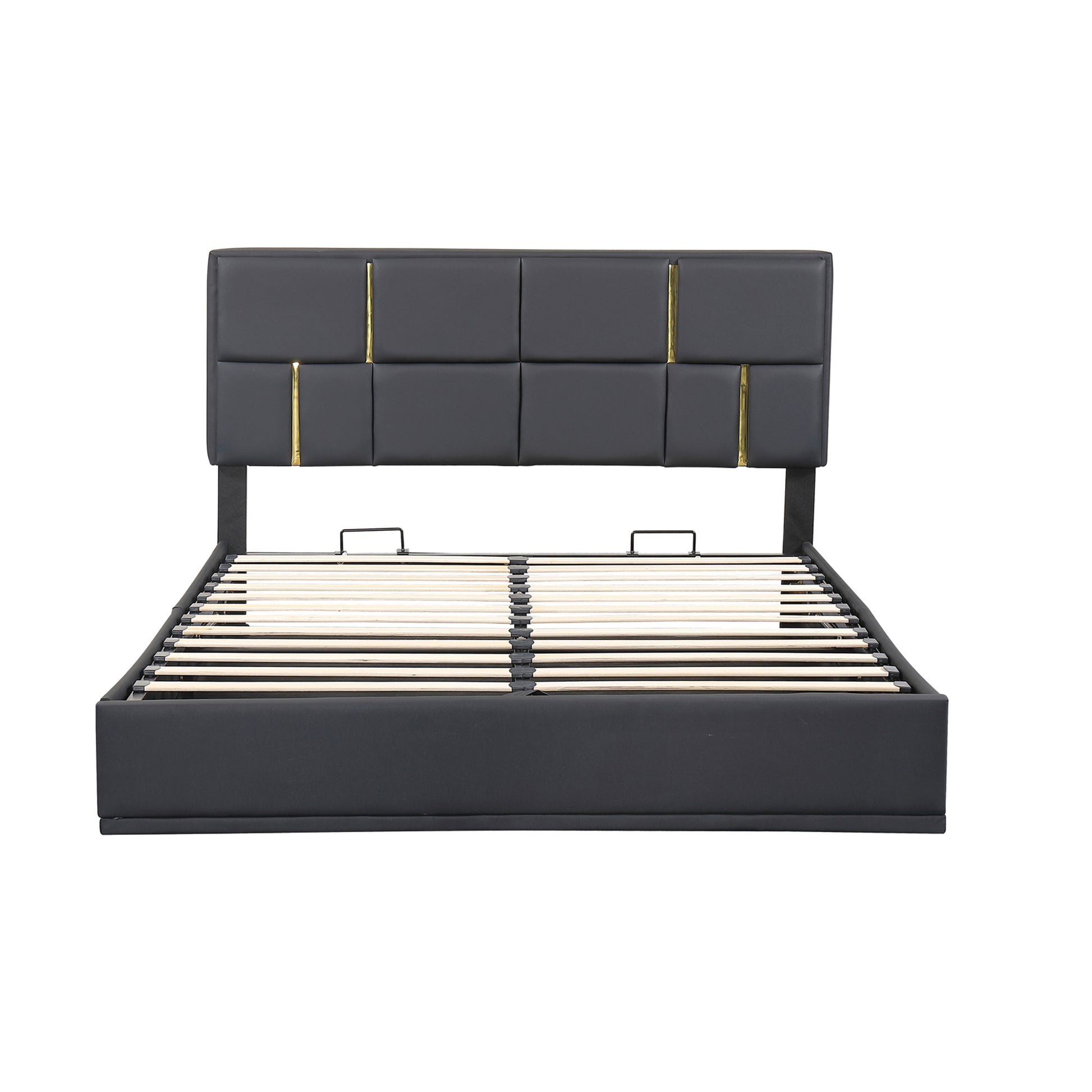 Queen Size Upholstered Platform Bed With Hydraulic Storage System,No Box Spring Needed,Black Black Pu