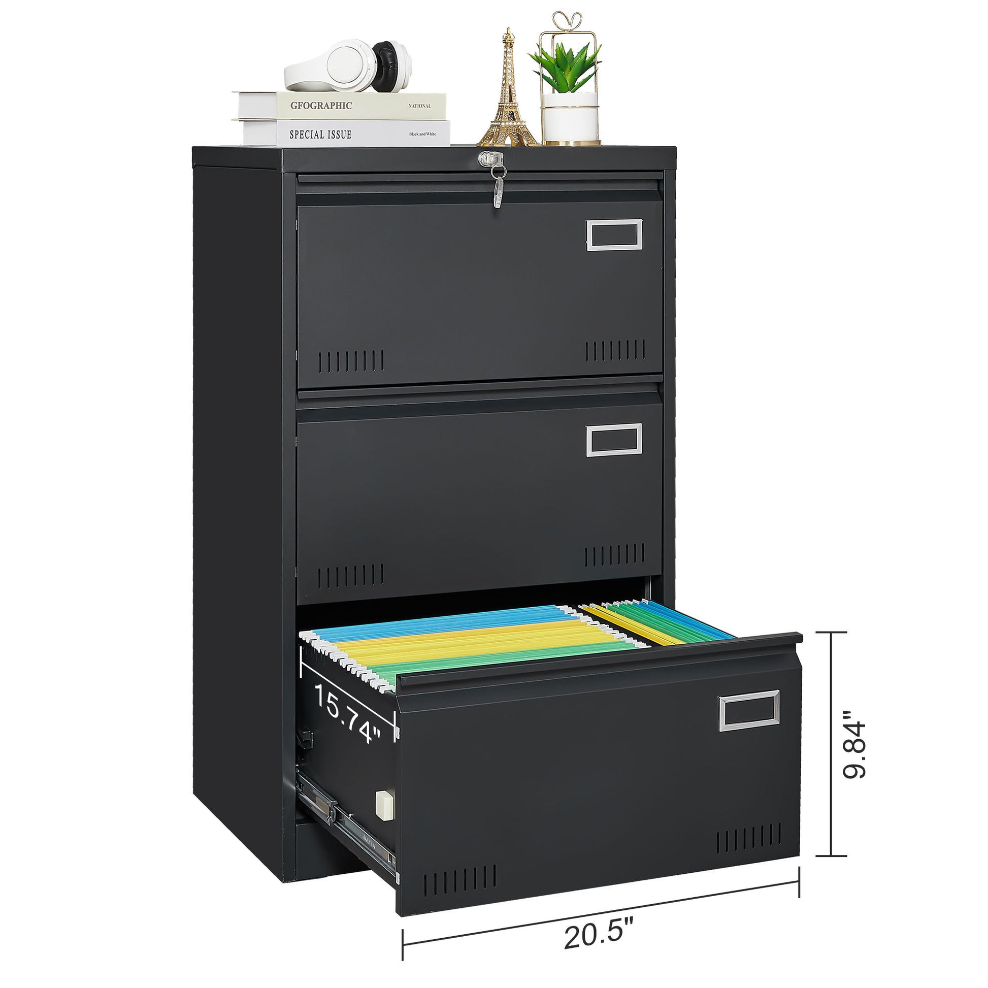 Filing Cabinet Lateral File Cabinet 3 Drawer, Blcak Locking Metal File Cabinets Three Drawer, Office Filing Cabinet With Lock Drawers For Home Office Legal Letter A4 F4 Filing Cabinets 3 4 Drawers Black Office Drawers Included Metal