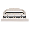 Full Size Upholstered Tufted Daybed With Twin Size Trundle, Beige Box Spring Not Required Full Beige Wood Daybeds Linen Upholstered