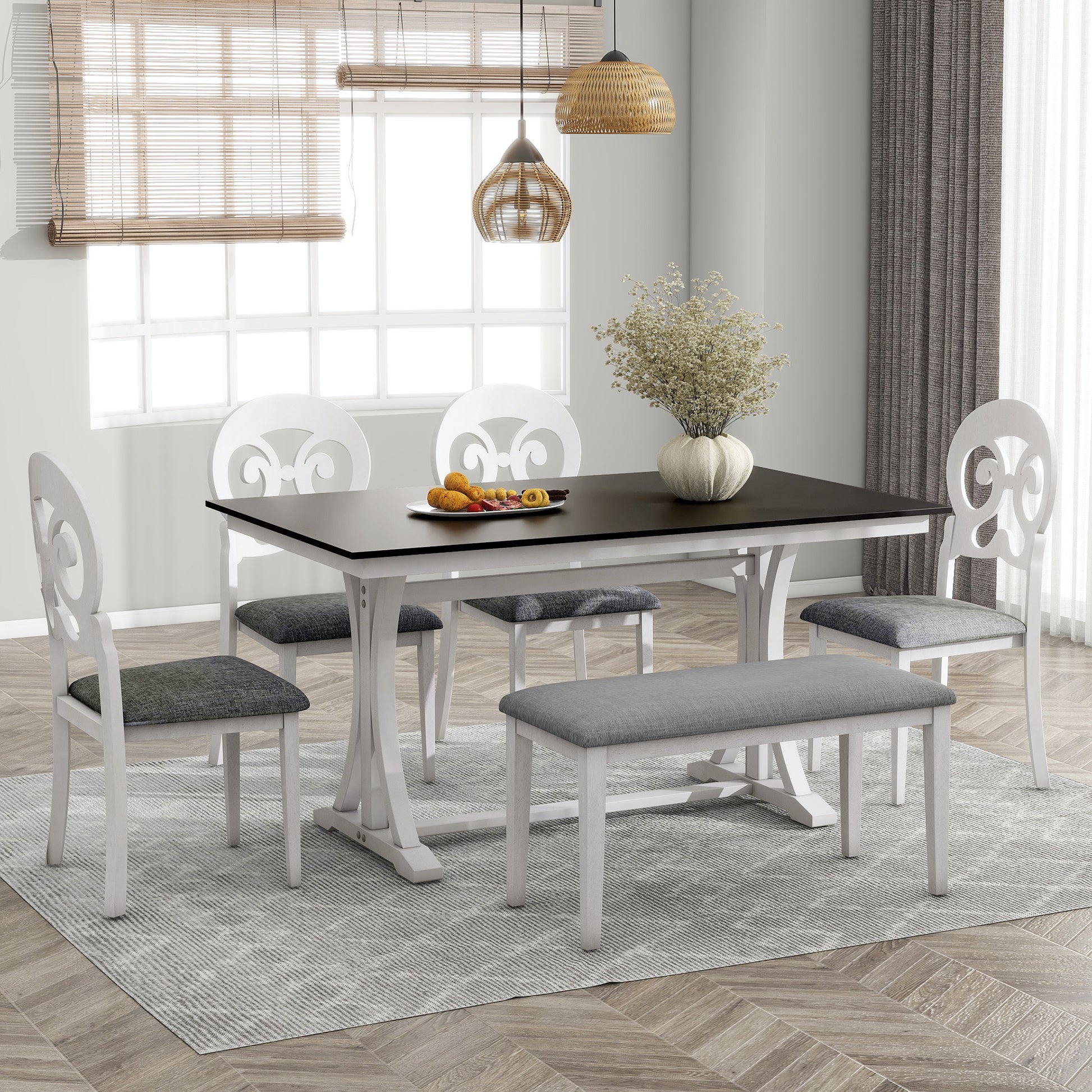 Mid Century 6 Piece Trestle Table Set With Victorian Round Upholstered Dining Chairs And Long Bench, Gray Antique White Wood Dining Room Bench Seating Rubberwood Rectangular Dining Table With Chair And Bench Upholstered Chair Wood Antique White Seats 6