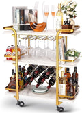 Gold Bar Cart With 3 Tiers For Stylish Storage, Home Bar Serving Cart With 4 Rows Of Glass Holders & 8 Wine Racks, Modern Marbled Solid Wood Cart On Lockable Wheels, Coffee Bar Cart For Kitchen Gold White Metal & Wood