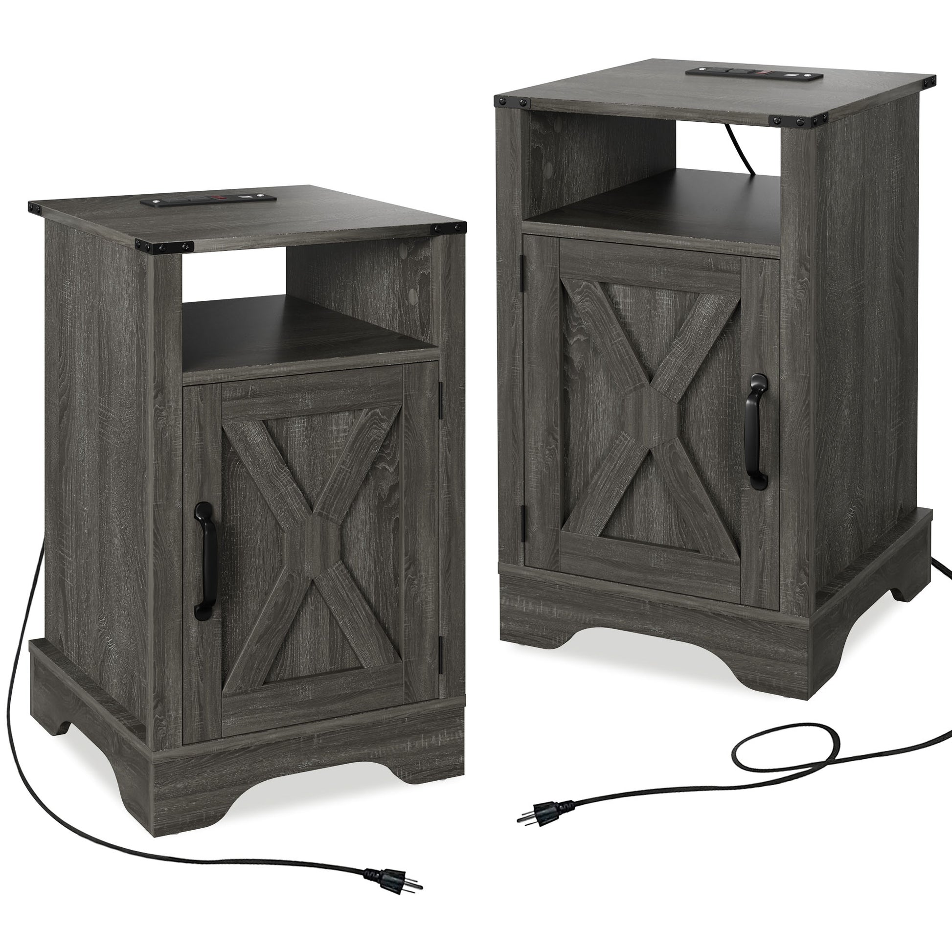 Farmhouse Nightstand Side Table, Wooden Rustic End Table, Tall Bedside Table With Electrical Outlets Charging Station 2 Sets Dark Gray Dark Grey Engineered Wood