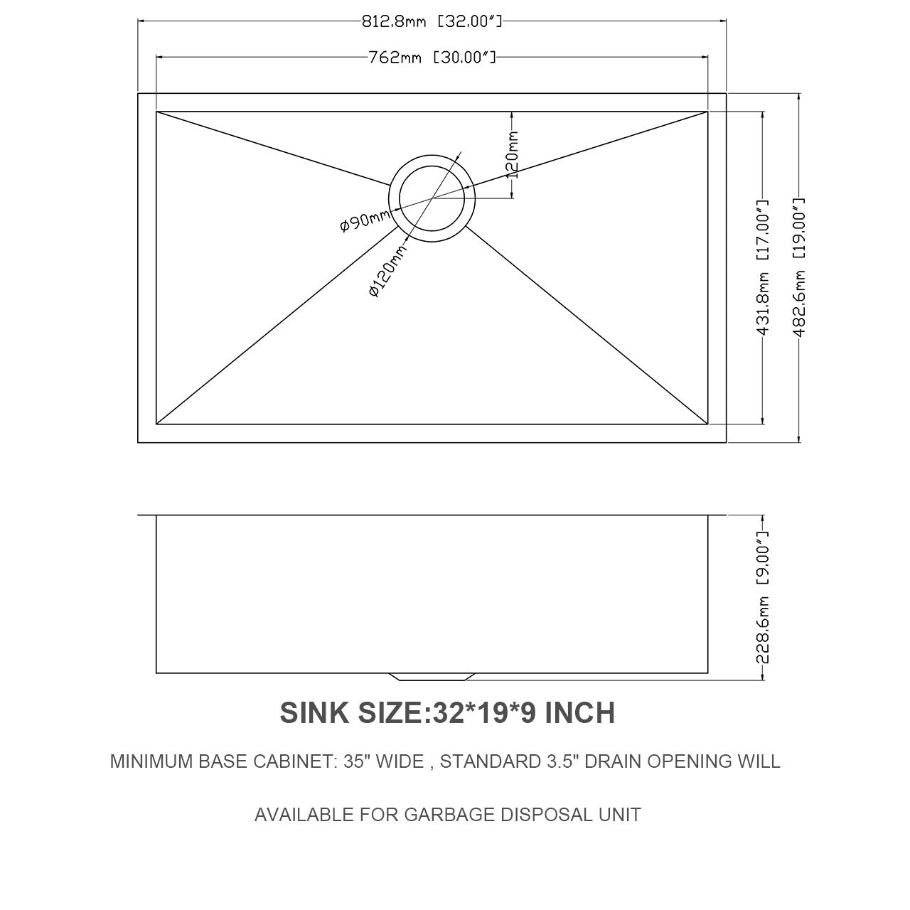 32 Inch Undermount Sink 32"X19"X9" Undermount Stainless Steel Kitchen Sink 18 Gauge 9 Inch Deep Single Bowl Kitchen Sink Basin Brushed Nickel Stainless Steel