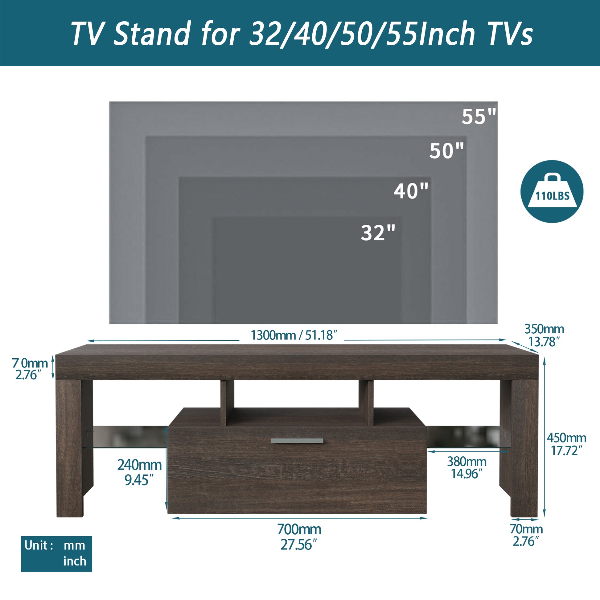 20 Minutes Quick Assembly Brown Simple Modern Tv Stand With The Toughened Glass Shelf Floor Cabinet Floor Tv Wall Cabinet Brown Tv Bracket With Led Color Changing Lights For Living Room Brown Primary Living Space 50 59 Inches 50 59 Inches Classic 55