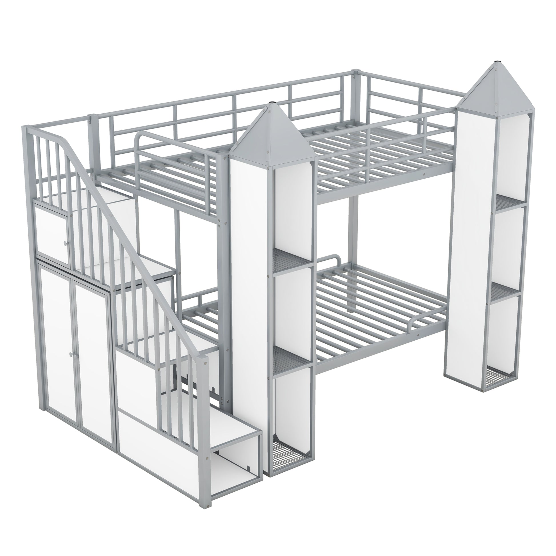 Metal Twin Over Twin Castle Shaped Bunk Bed With Wardrobe And Multiple Storage, Gray White Box Spring Not Required Twin White Gray Metal Bedroom Bunk Metal & Wood