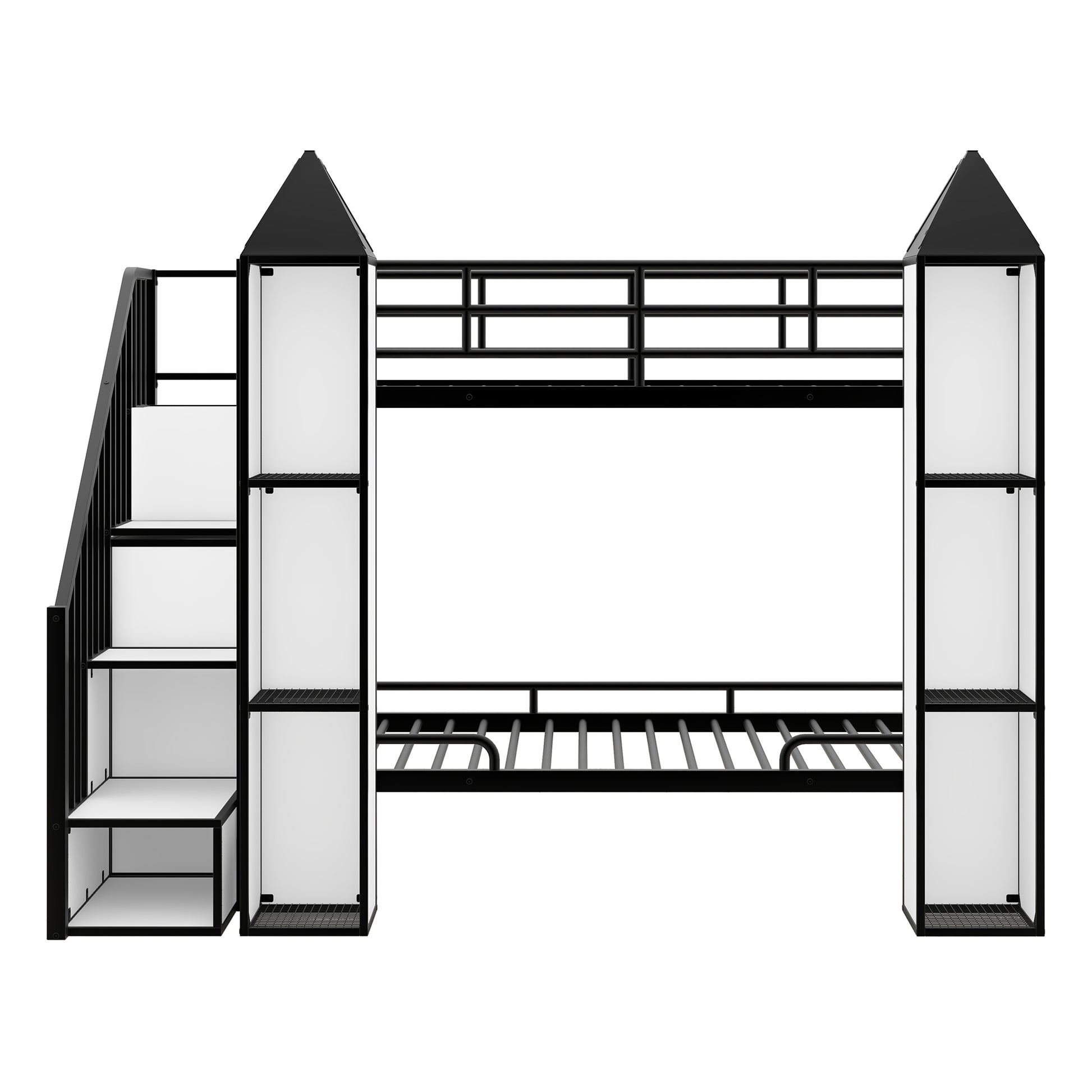 Metal Twin Over Twin Castle Shaped Bunk Bed With Wardrobe And Multiple Storage, Black White Box Spring Not Required Twin White Black Metal Bedroom Bunk Metal & Wood