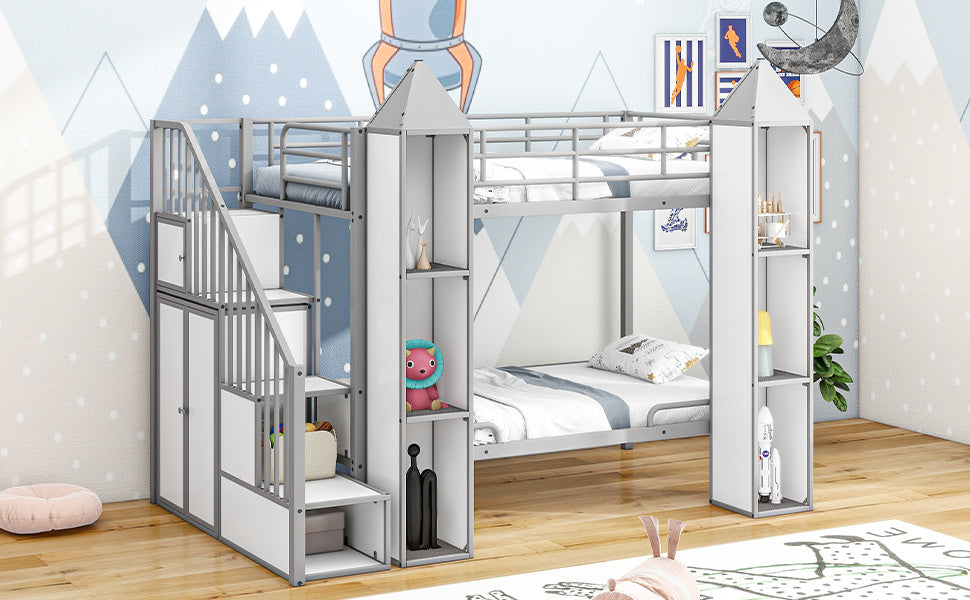 Metal Twin Over Twin Castle Shaped Bunk Bed With Wardrobe And Multiple Storage, Gray White Box Spring Not Required Twin White Gray Metal Bedroom Bunk Metal & Wood