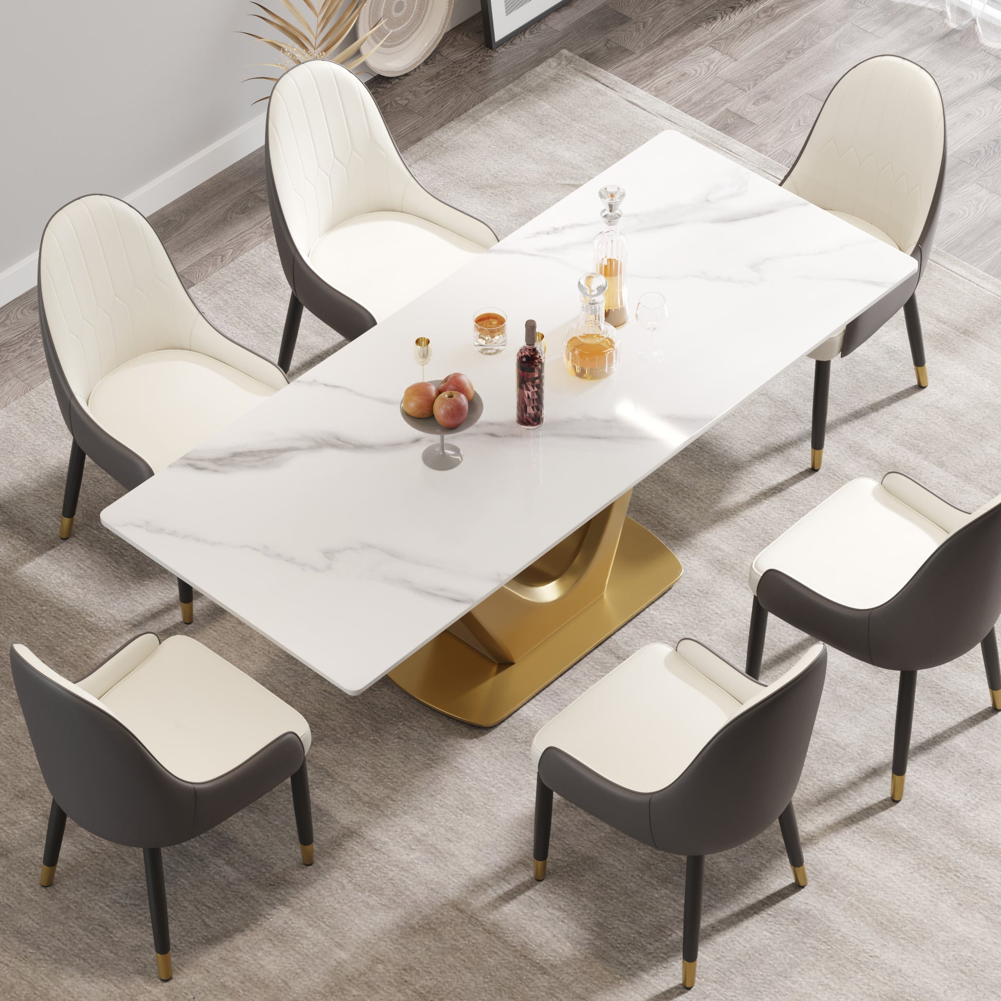 78.74 "Modern Artificial Stone White Panel Golden V Shaped Metal Legs Can Accommodate 8 People. White Gold Dining Room Metal Sintered Stone