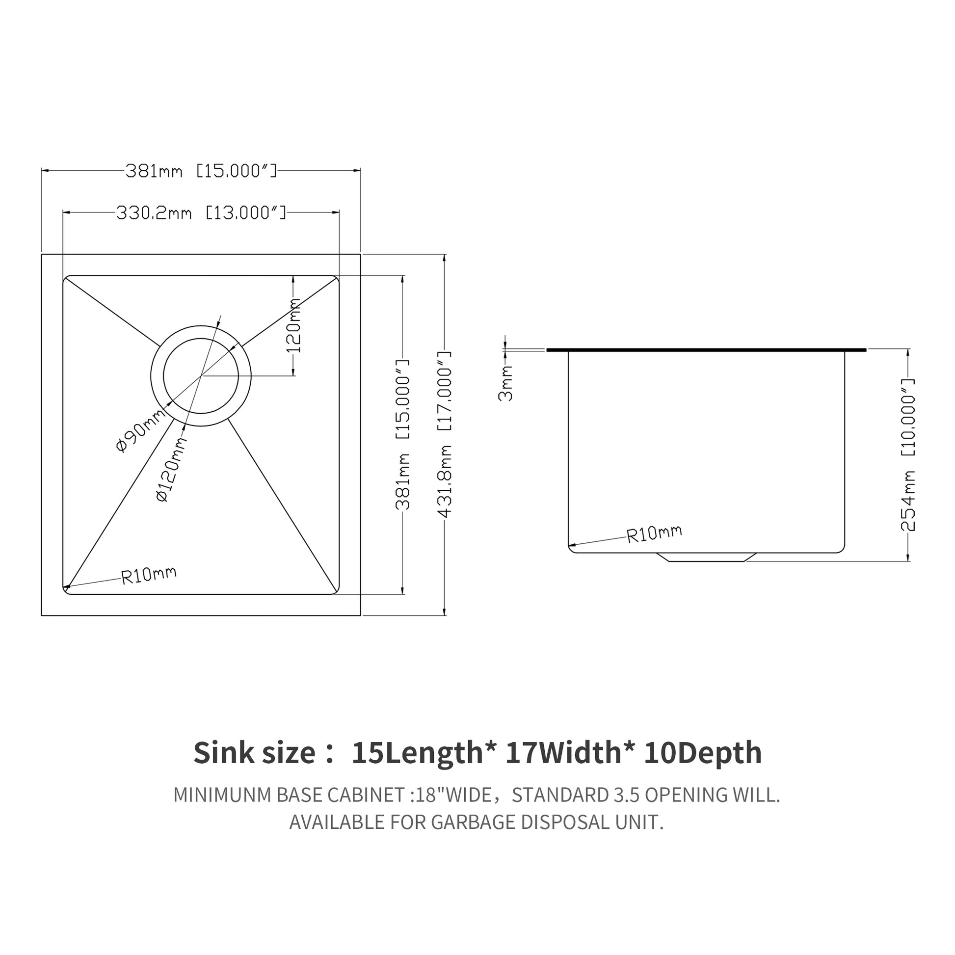 Gunmetal Black Kitchen Sink 15"X 17"X 10" Undermount Singel Bowl Kitchen Basin 16 Gauge Stainless Steel With 10 Inch Deep Gunmetal Black Stainless Steel