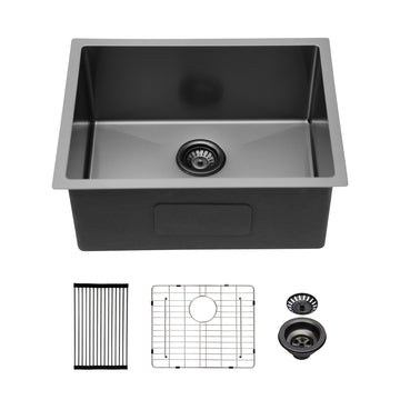 23" Gunmetal Black Kitchen Sink 23"X 18"X 10" Undermount Singel Bowl Kitchen Basin 16 Gauge Stainless Steel With 10 Inch Deep Gunmetal Black Stainless Steel