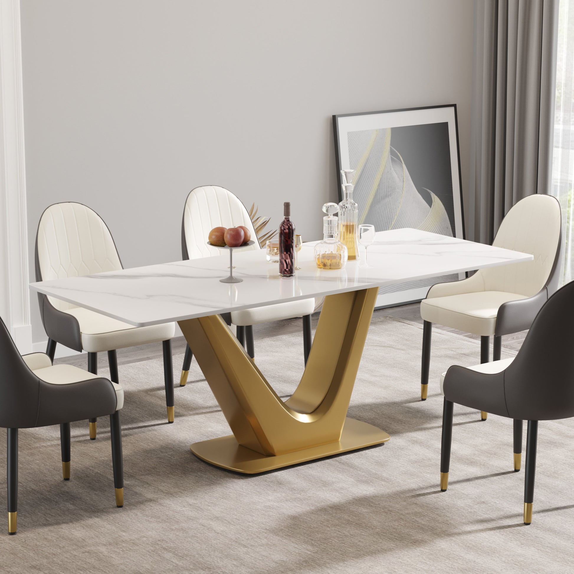 78.74 "Modern Artificial Stone White Panel Golden V Shaped Metal Legs Can Accommodate 8 People. White Gold Dining Room Metal Sintered Stone