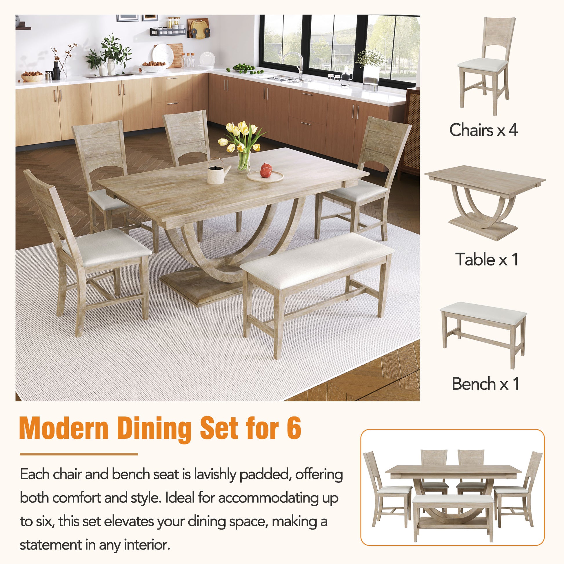 6 Piece Wood Half Round Dining Table Set Kitchen Table Set With Long Bench And 4 Dining Chairs, Modern Style, Natural Wood Dining Room Bench Seating Rubberwood Rectangular Dining Table With Chair