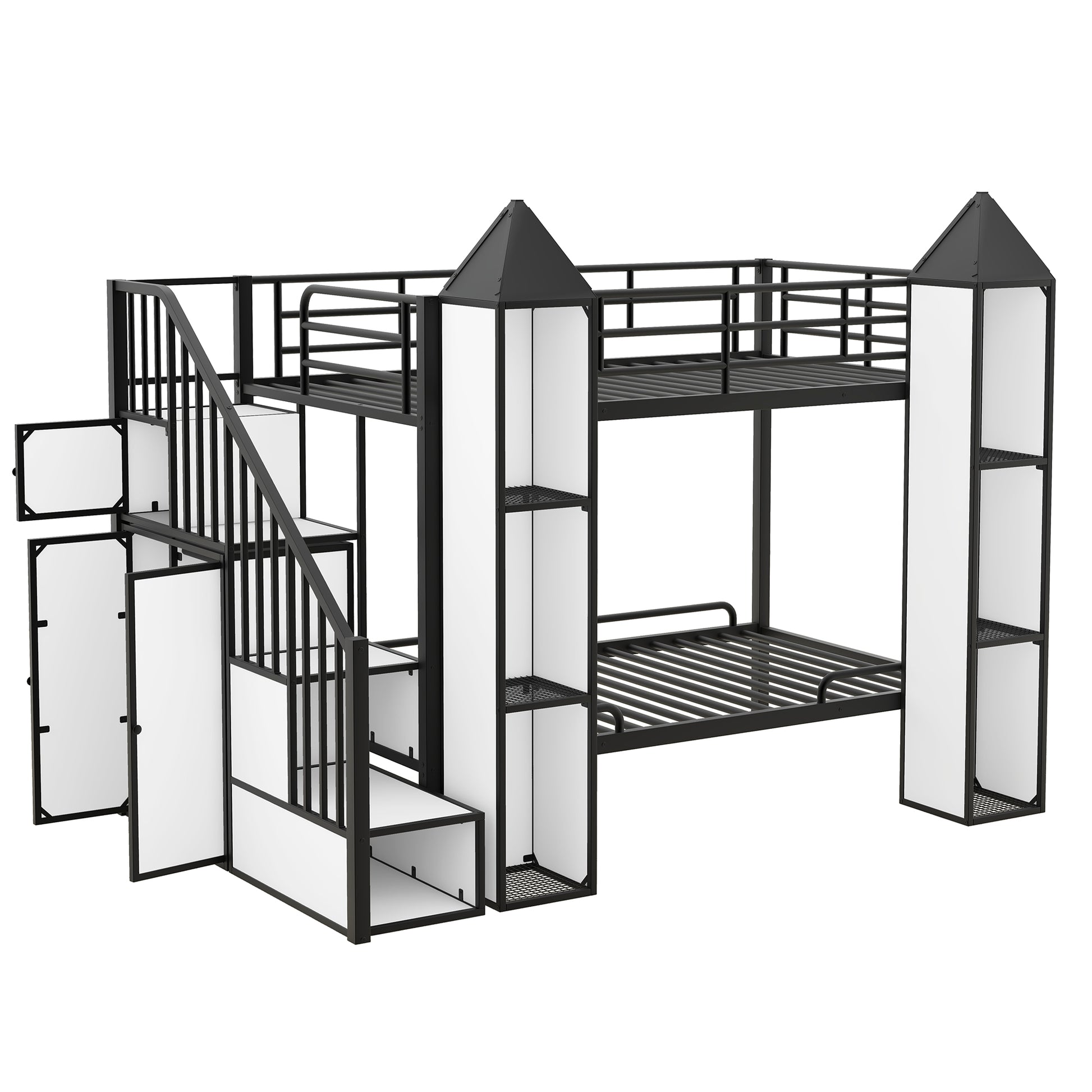 Metal Twin Over Twin Castle Shaped Bunk Bed With Wardrobe And Multiple Storage, Black White Box Spring Not Required Twin White Black Metal Bedroom Bunk Metal & Wood