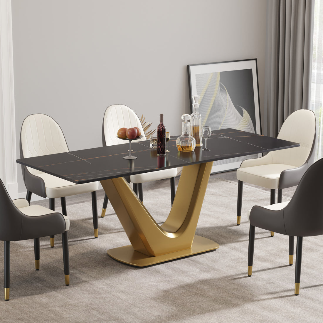 78.74 "Modern Artificial Stone Black Panel Golden V Shaped Metal Legs Can Accommodate 8 People. Black Gold Dining Room Metal Sintered Stone