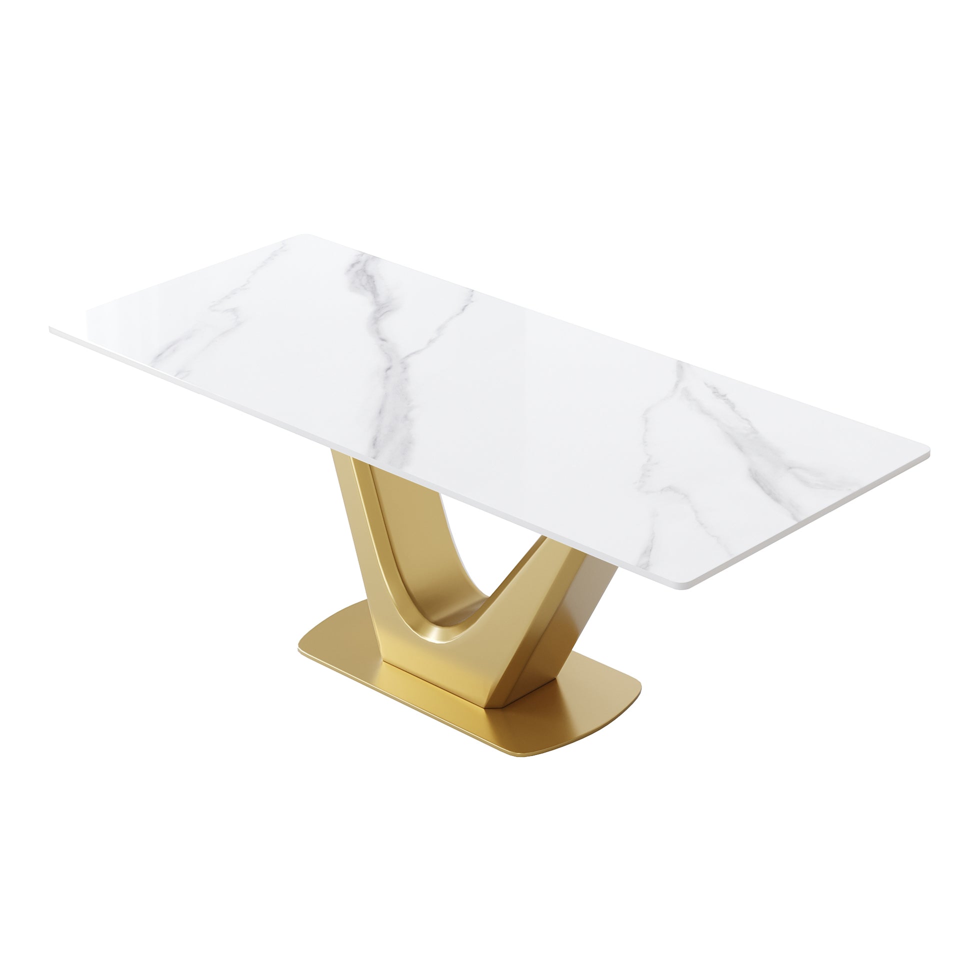 78.74 "Modern Artificial Stone White Panel Golden V Shaped Metal Legs Can Accommodate 8 People. White Gold Dining Room Metal Sintered Stone