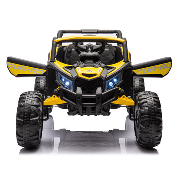 12V Ride On Car With Remote Control,Utv Ride On For Kid,3 Point Safety Harness, Music Player Usb Port Volume Knob Battery Indicator , Led Lights, High Low Speed Switch Off Road Adventure For Kids Yellow Polypropylene